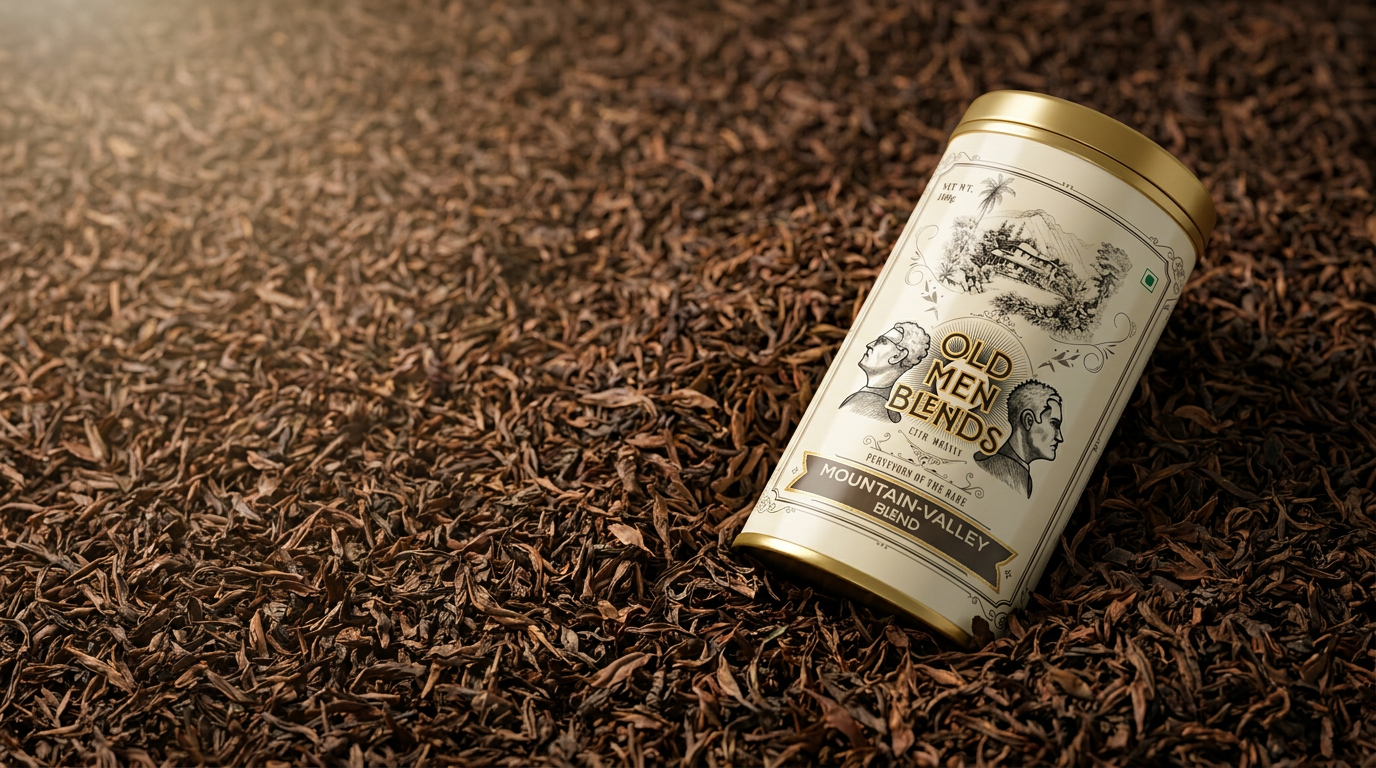Mountain Valley tin resting in loose tea leaves