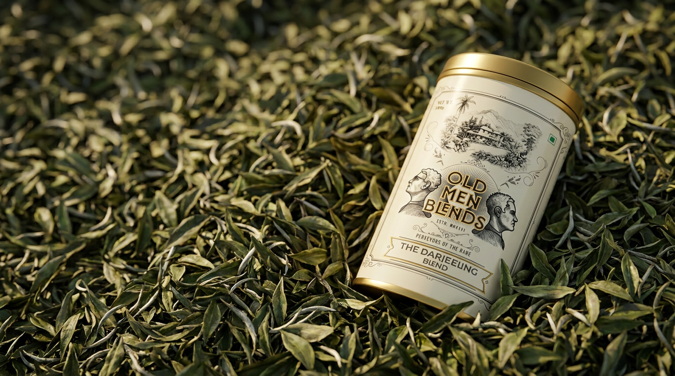 The Darjeeling tin resting in loose tea leaves