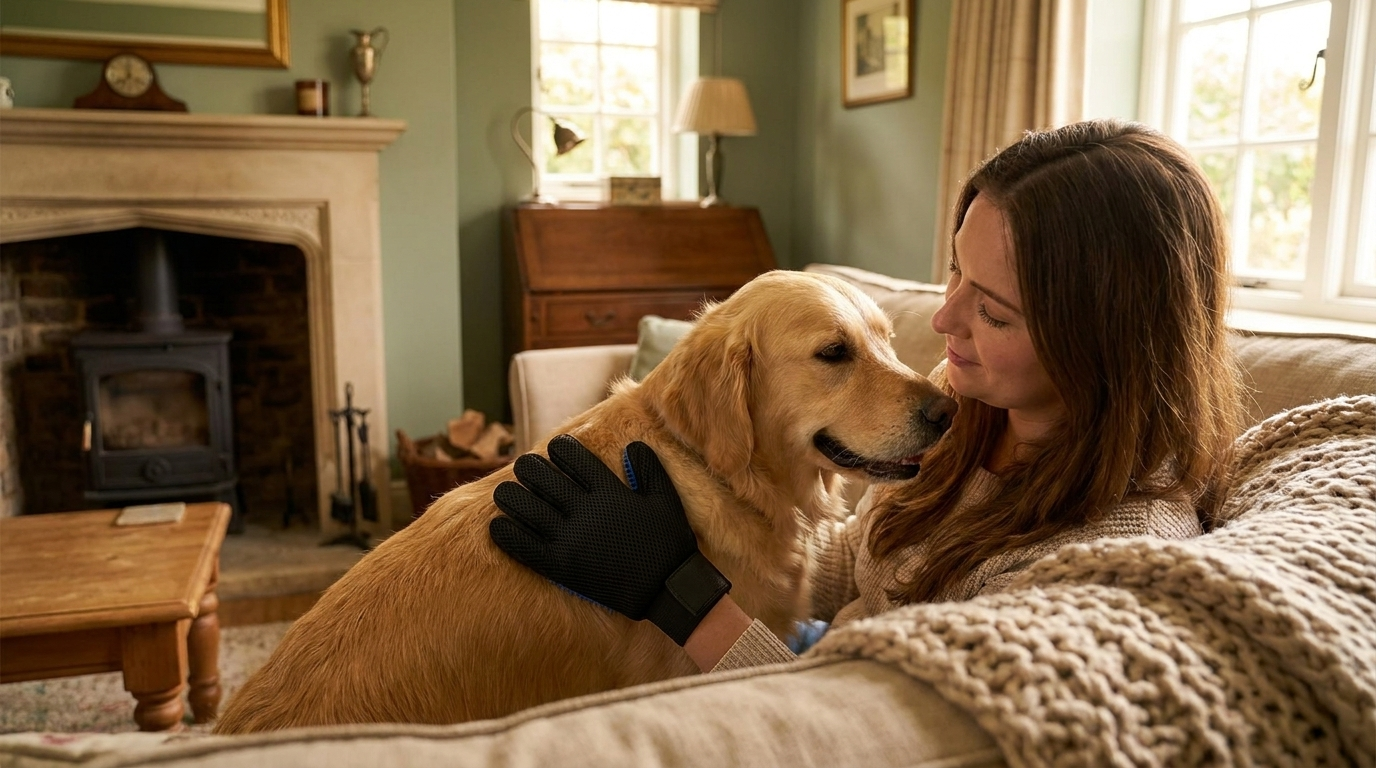 Woman gently grooming her dog with the Pethouse silicone grooming glove in a cozy British living room