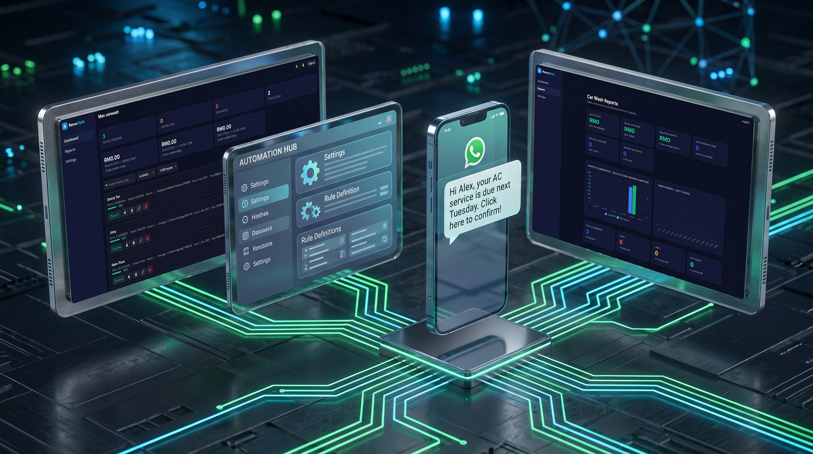 RenueTech platform: connected client management, automation and renewal screens