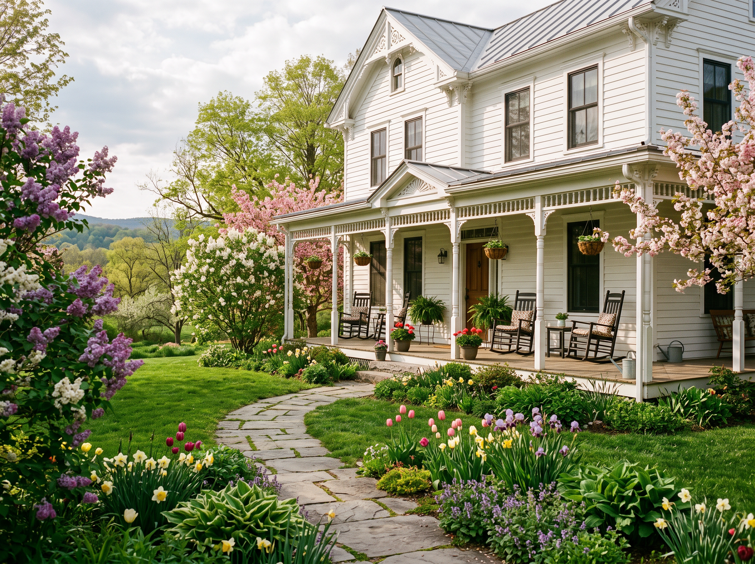 A Hudson Valley farmhouse porch in spring