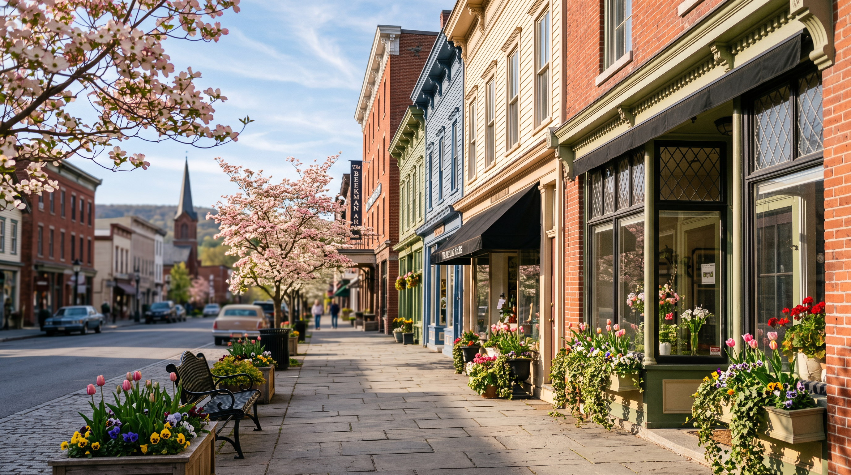 Historic main street in Rhinebeck, NY in spring