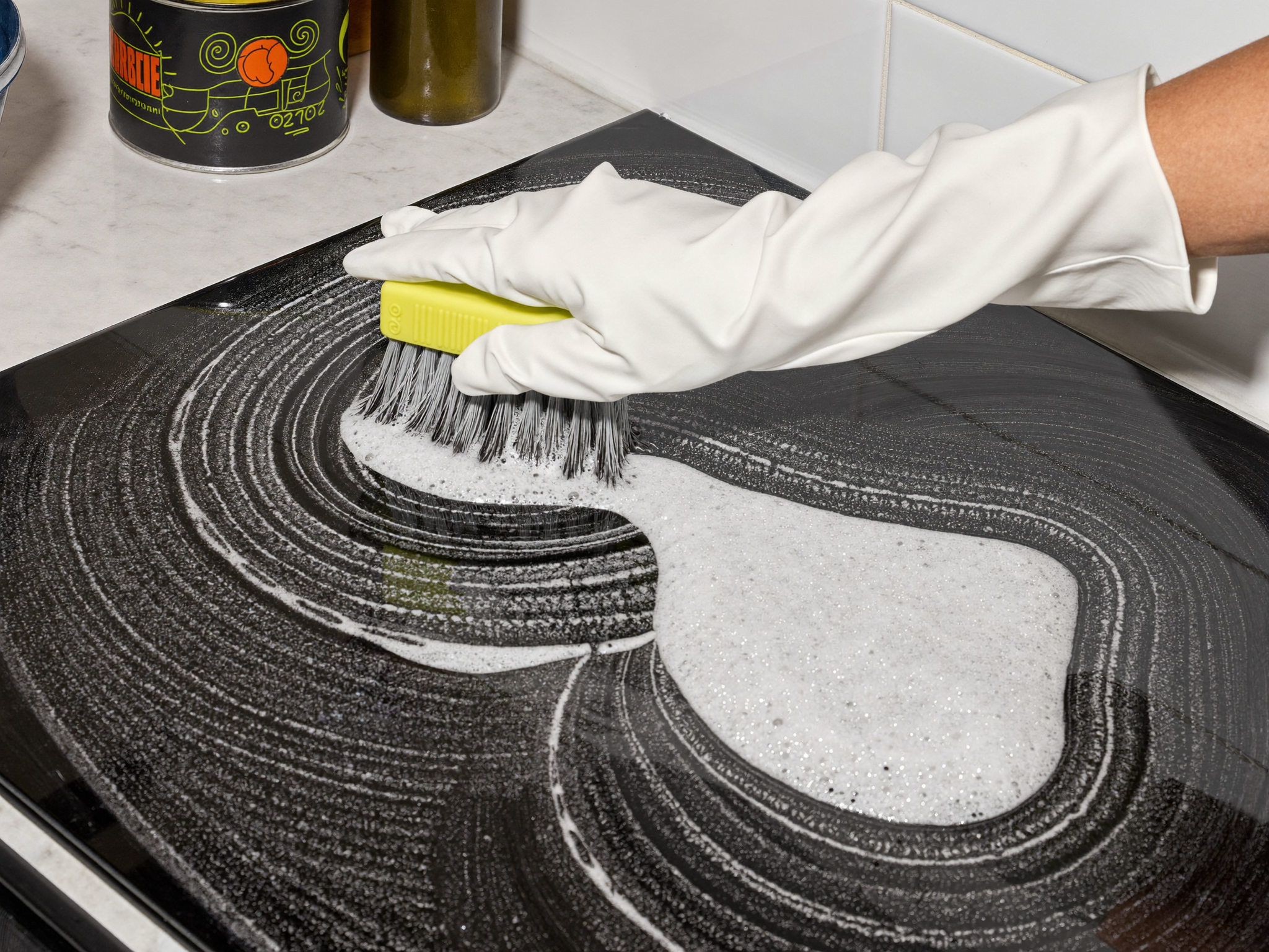 Deep scrubbing kitchen tile and stovetop