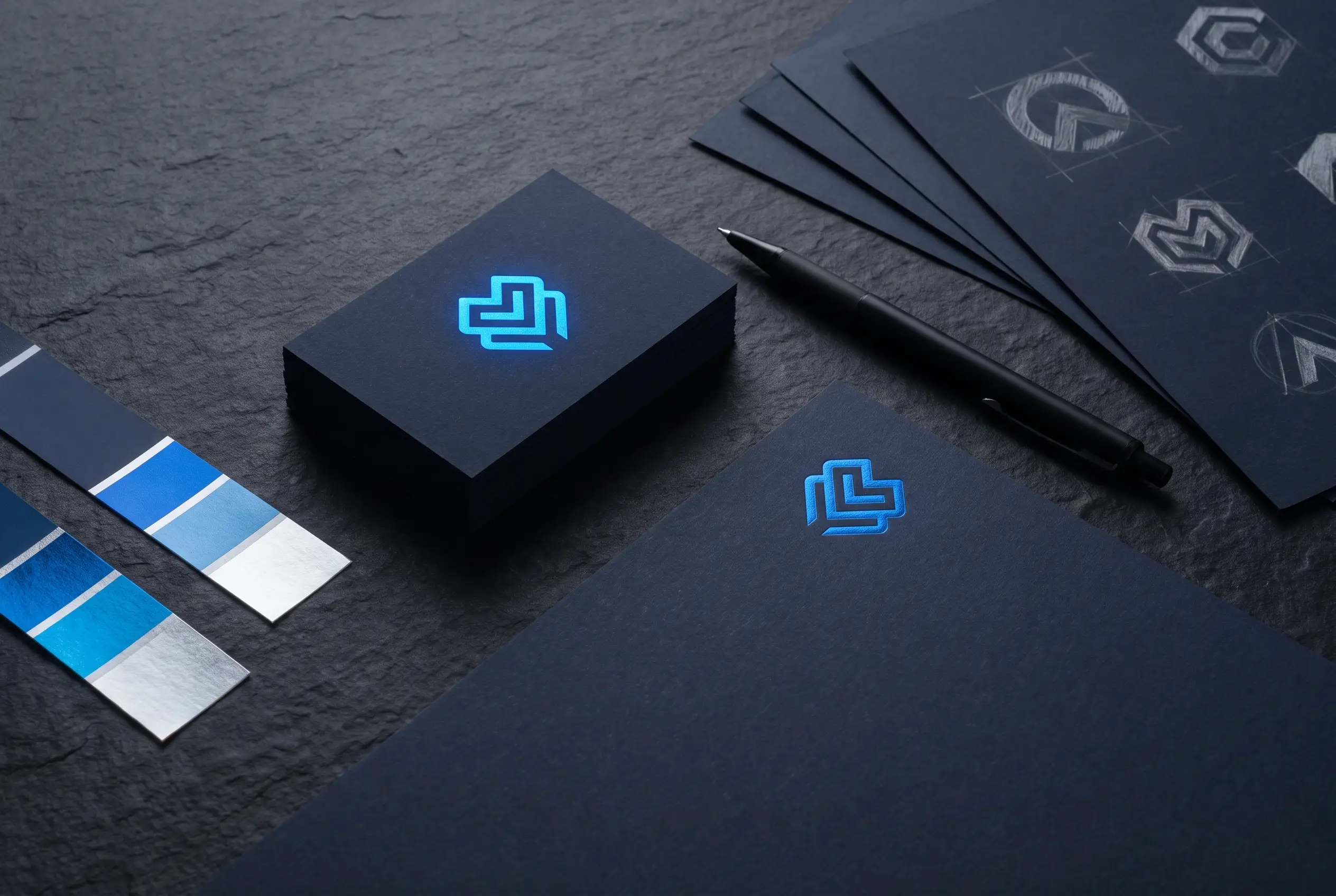 Premium navy and electric-blue brand identity flat lay with business cards, letterhead, and logo sketches
