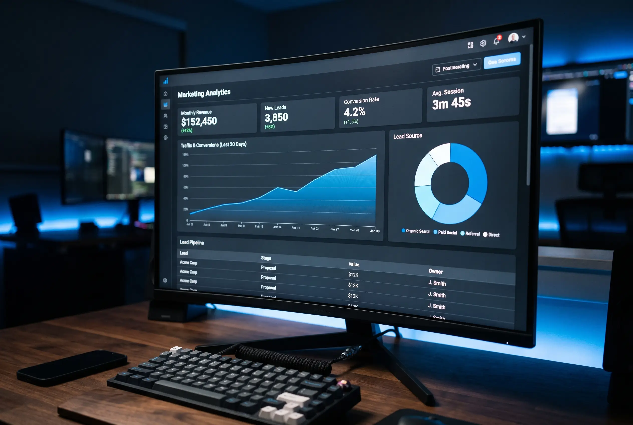 Dark-mode Progon growth dashboard showing KPI cards, charts, and a lead pipeline