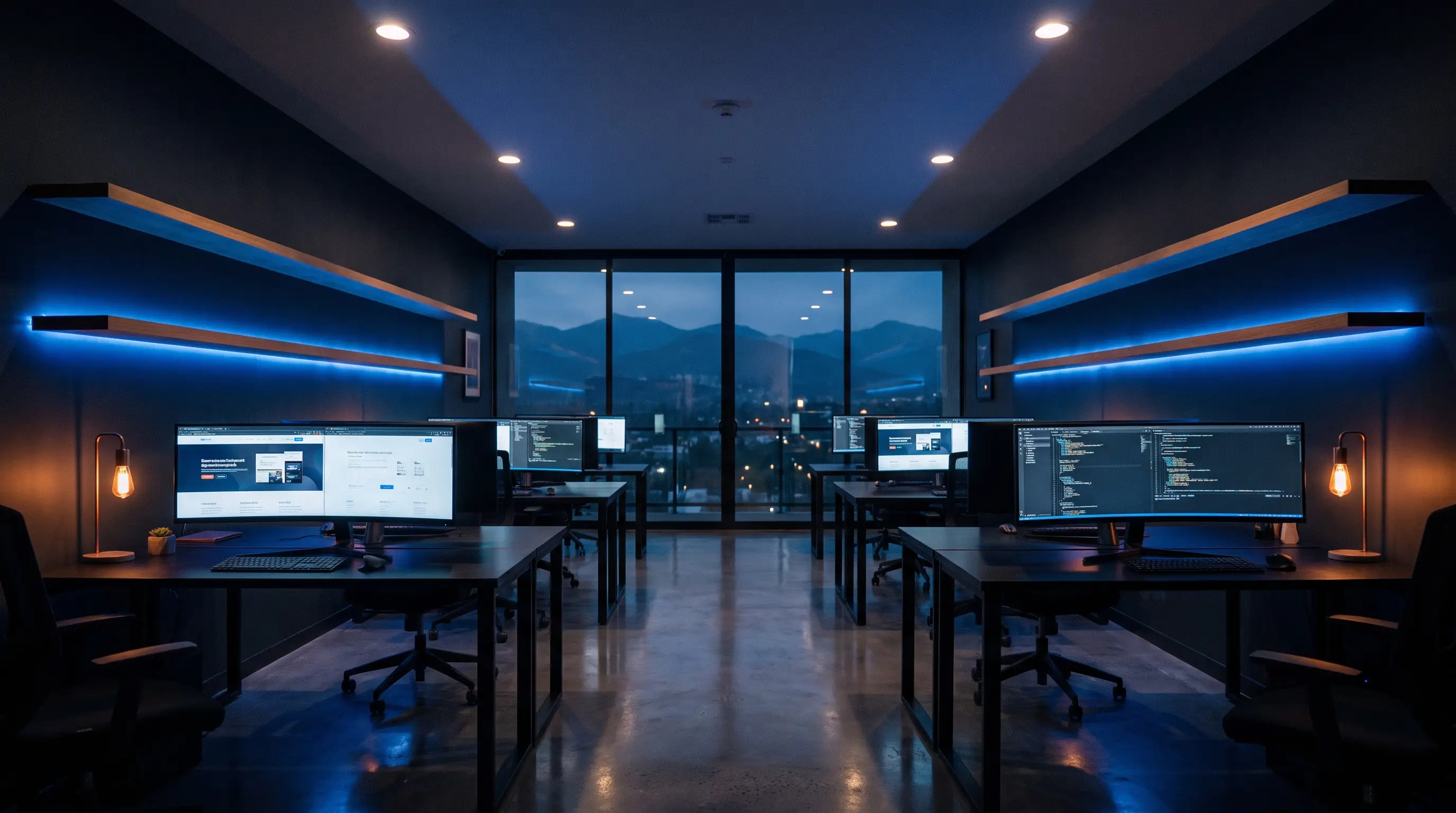 The Progon studio at dusk — desks with monitors displaying website designs and code