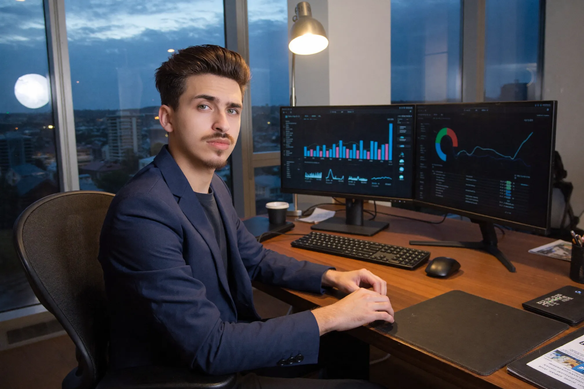 Daniel at his desk reviewing analytics dashboards at dusk in the Progon office