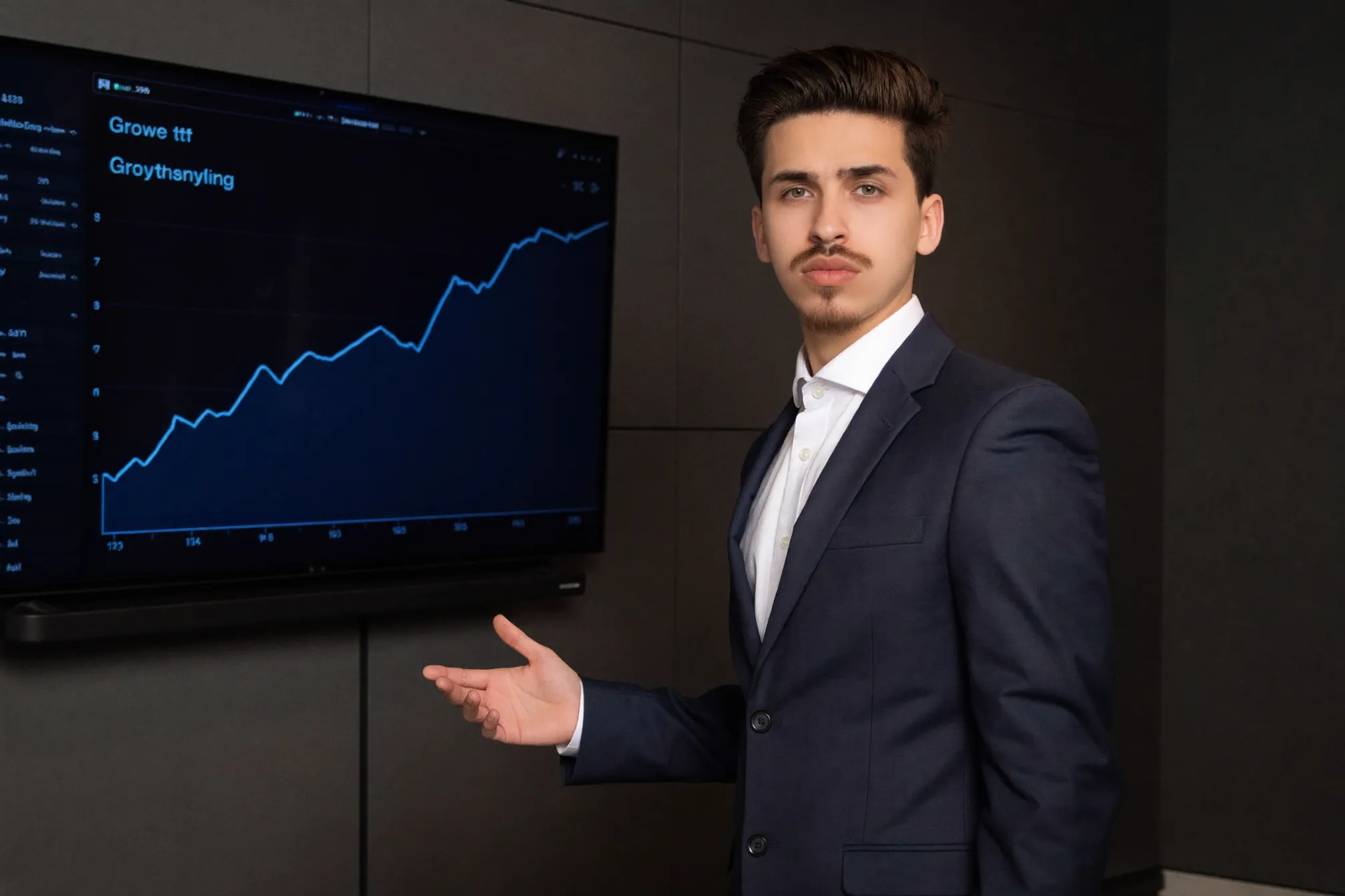 Daniel presenting a rising growth chart on a boardroom display