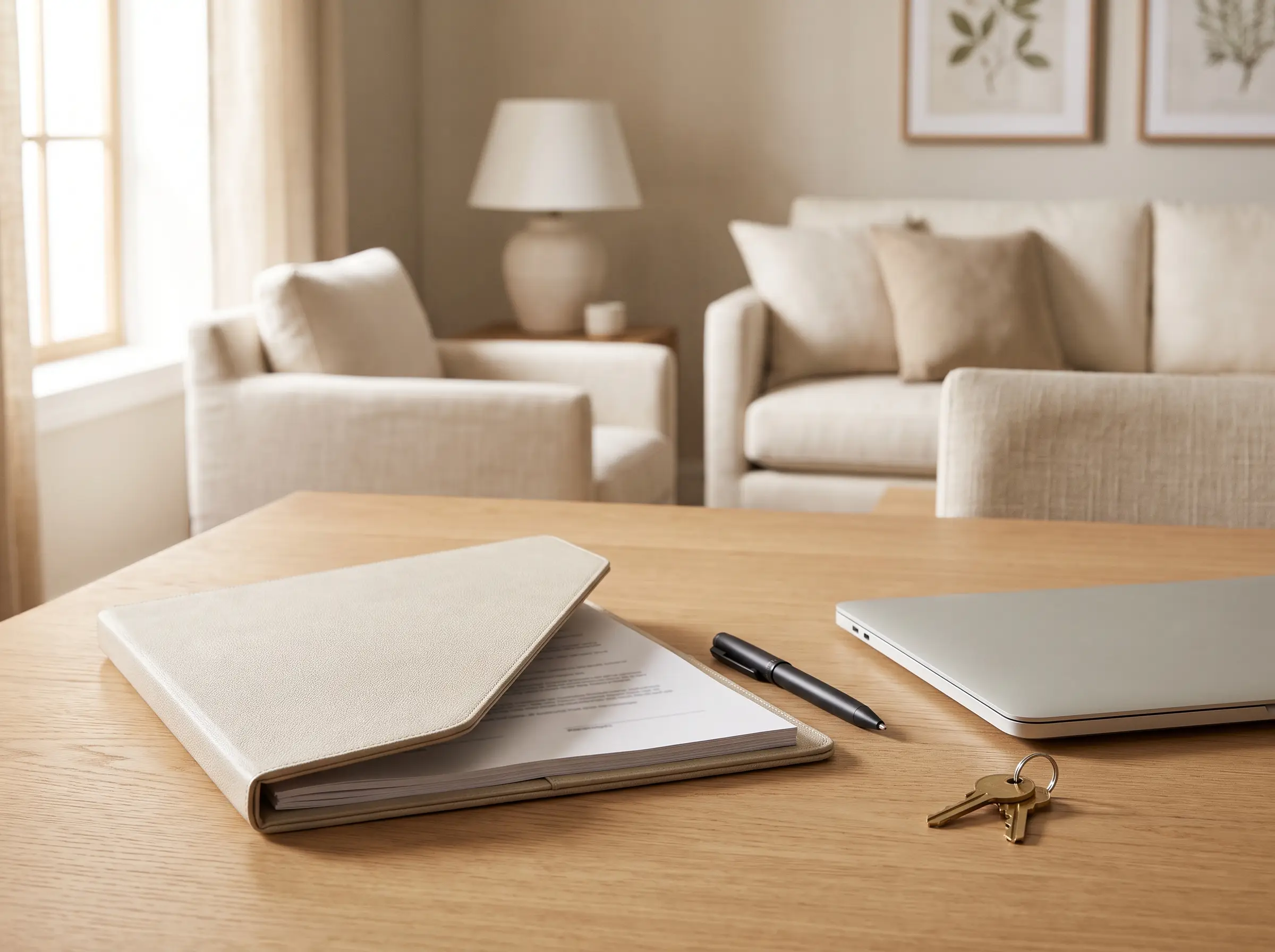 Document folder, pen and house keys prepared for a signing