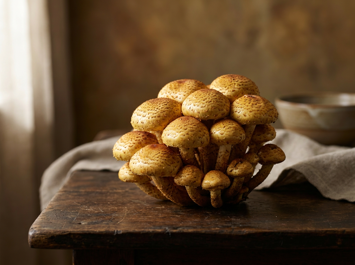Racimo de Pholiota adiposa dorada sobre madera