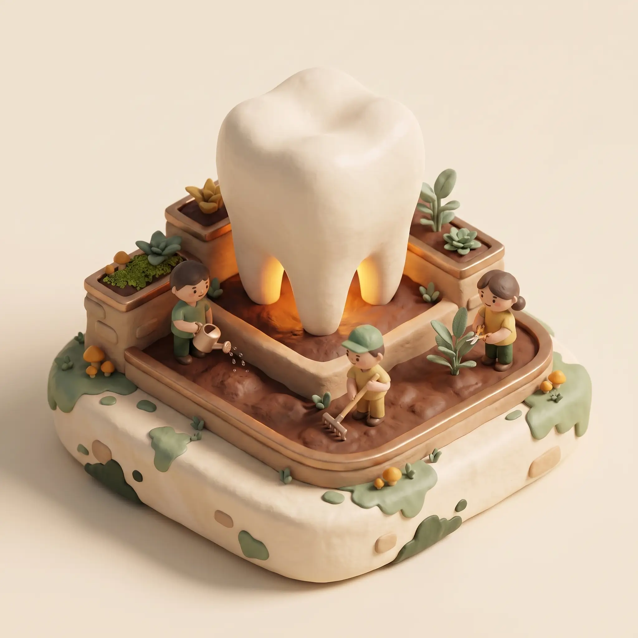 Illustration: a tooth standing in a tended garden — gum treatment as care of the ground it stands in Illustration: a tooth standing in a tended garden — gum treatment as care of the ground it stands in