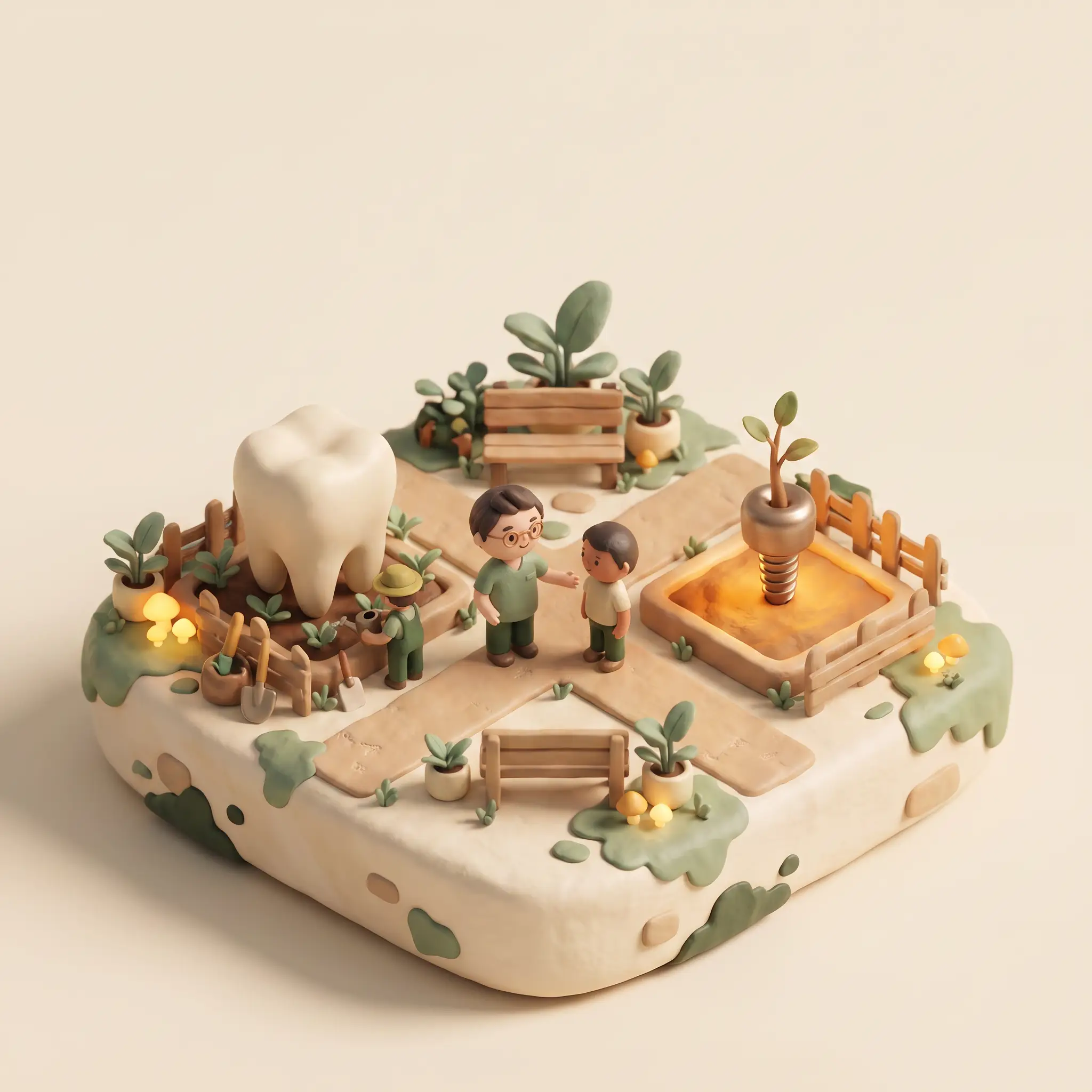 Claymation diorama of a garden path forking between a tended tooth and a newly planted implant