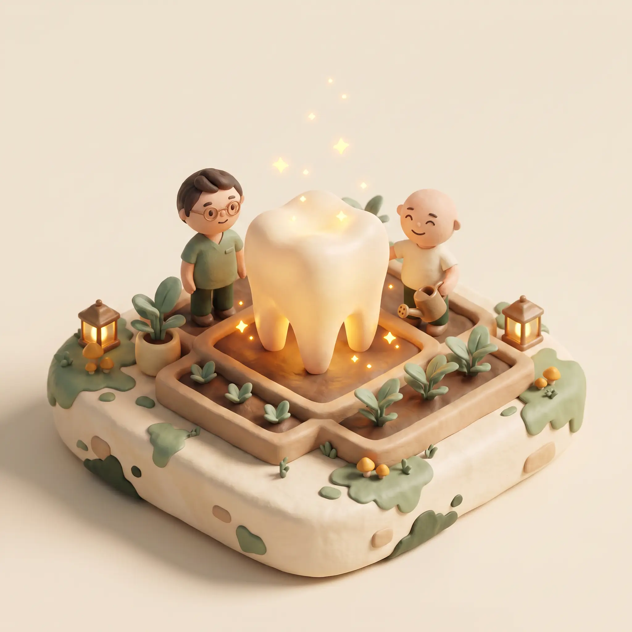 Claymation diorama of a patient and clinician beside a healthy tooth in a tended garden bed
