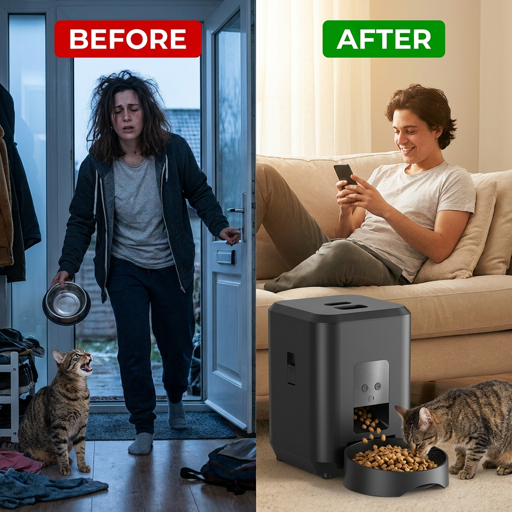 Before and after using FeedFlow smart pet feeder