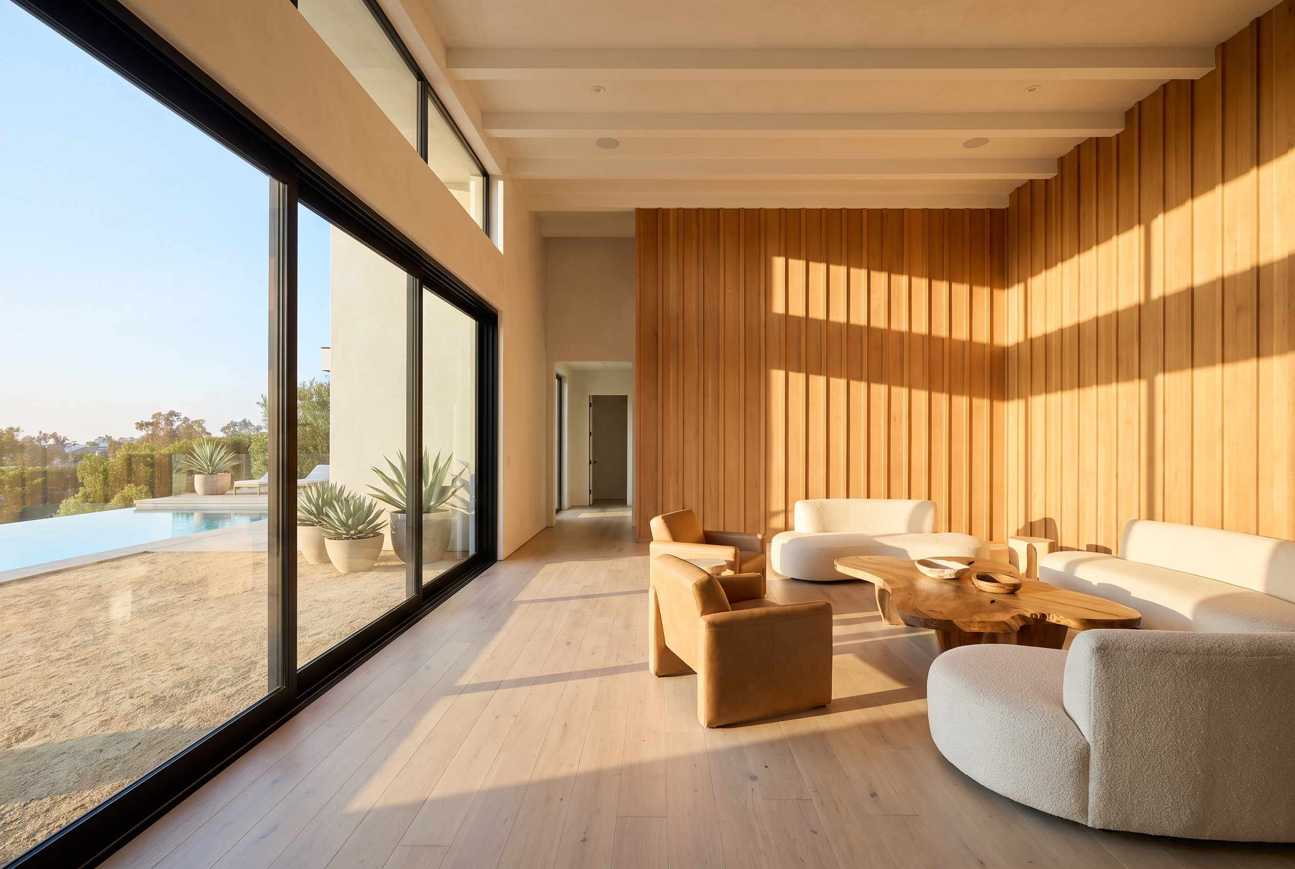 Renovated great room with microcement walls and cedar board-and-batten accent