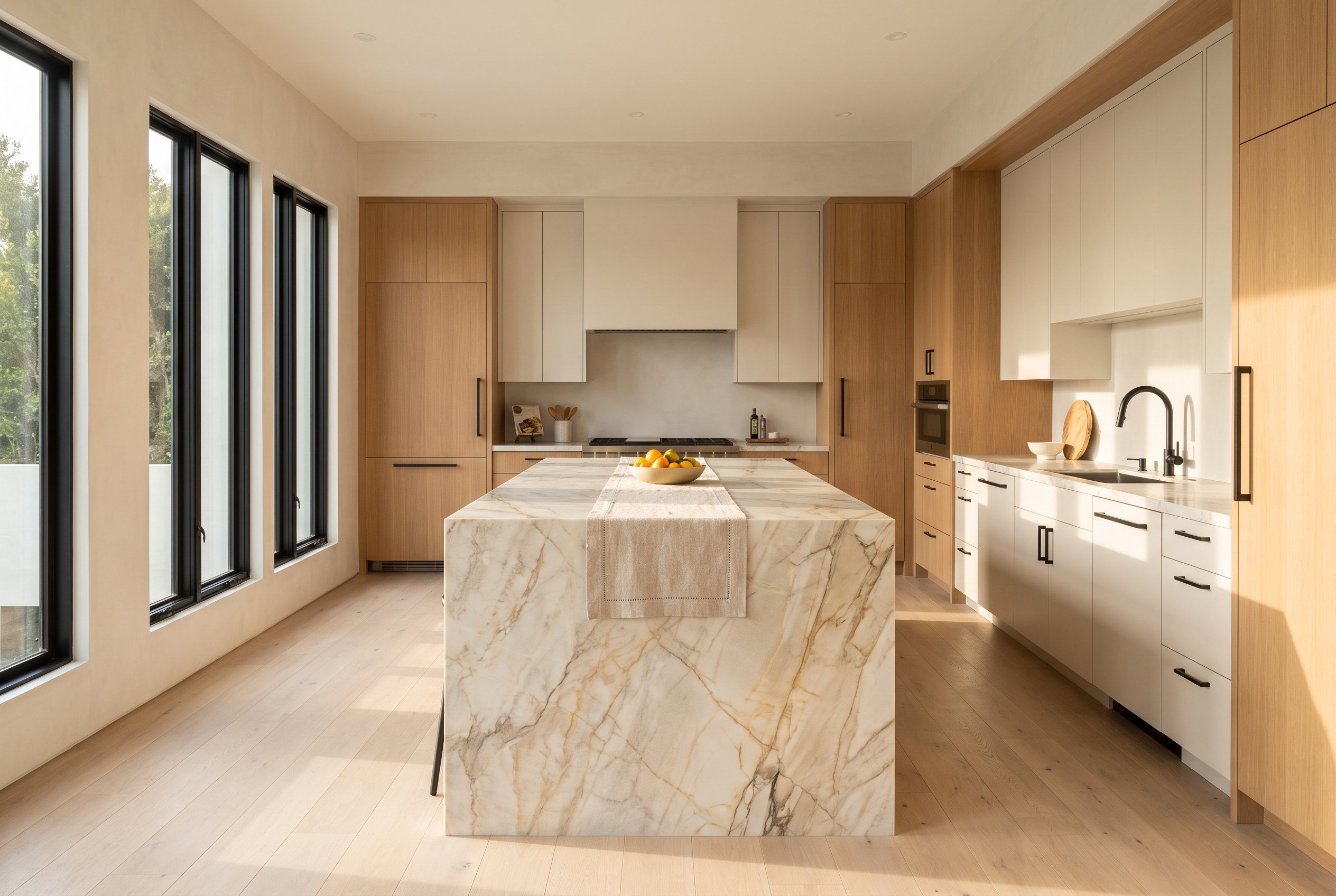 Modern kitchen with Taj Mahal quartzite waterfall island and matte black fittings