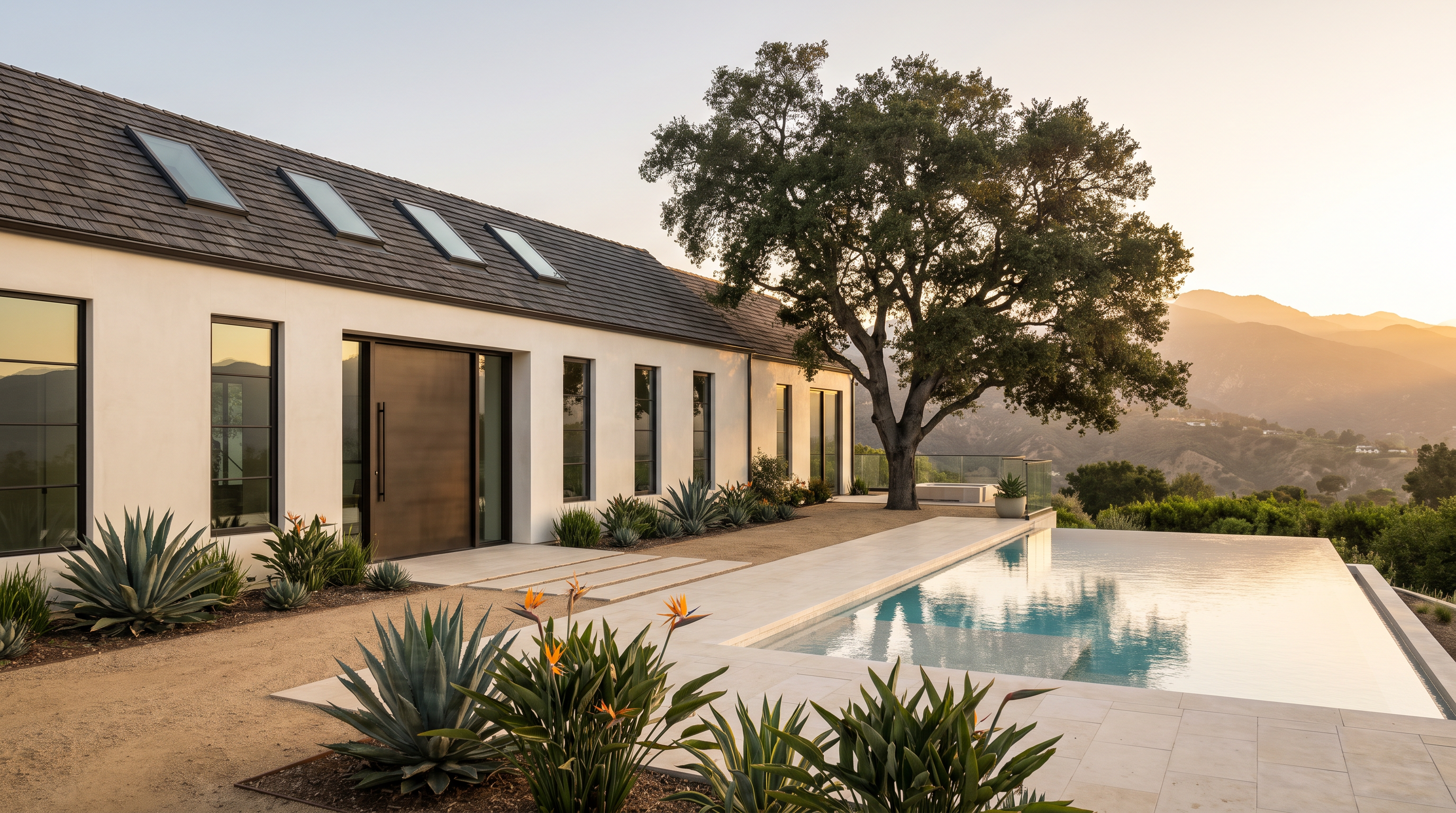 Luxury modern California hillside home at golden hour with infinity pool