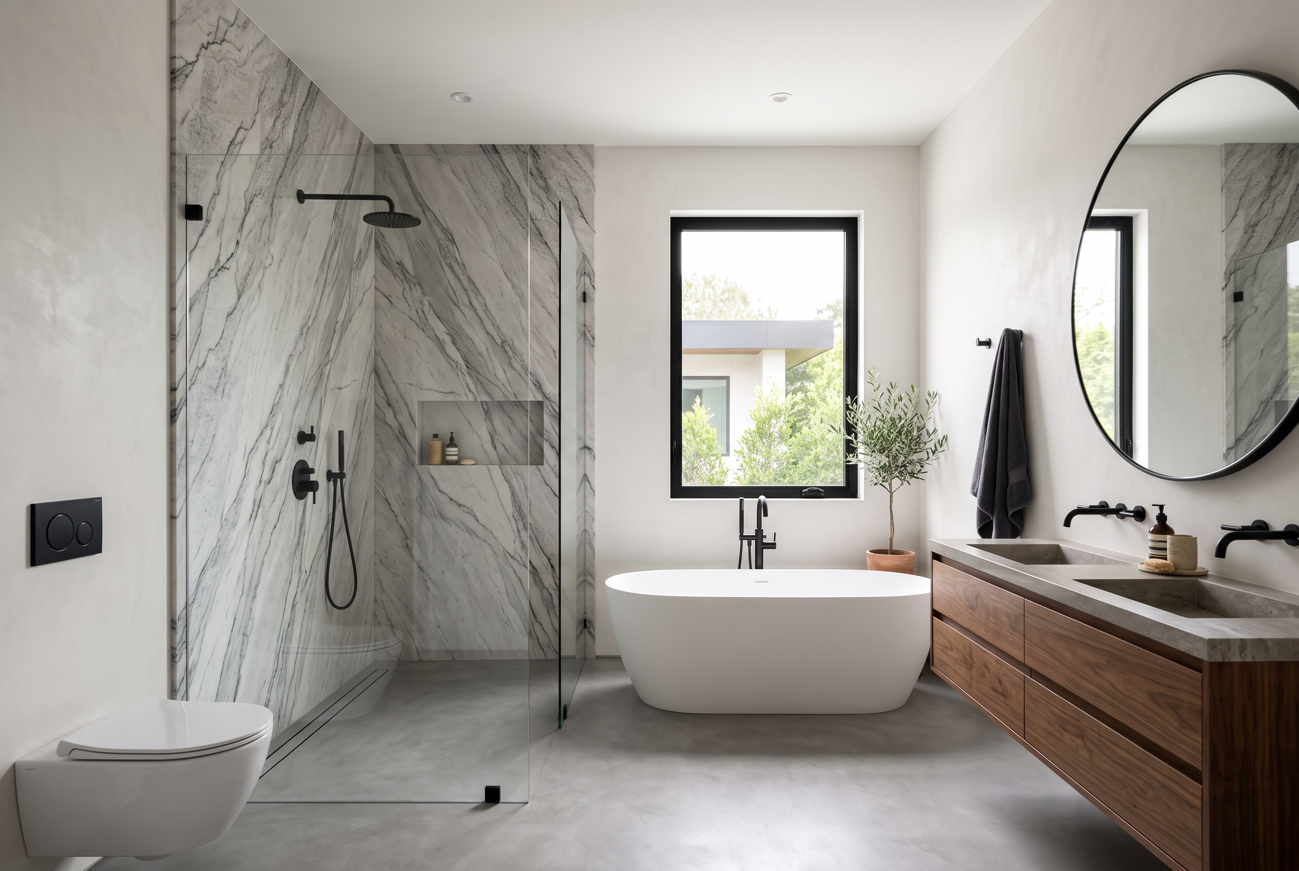 Primary bathroom with book-matched Dekton slab walls and curbless shower