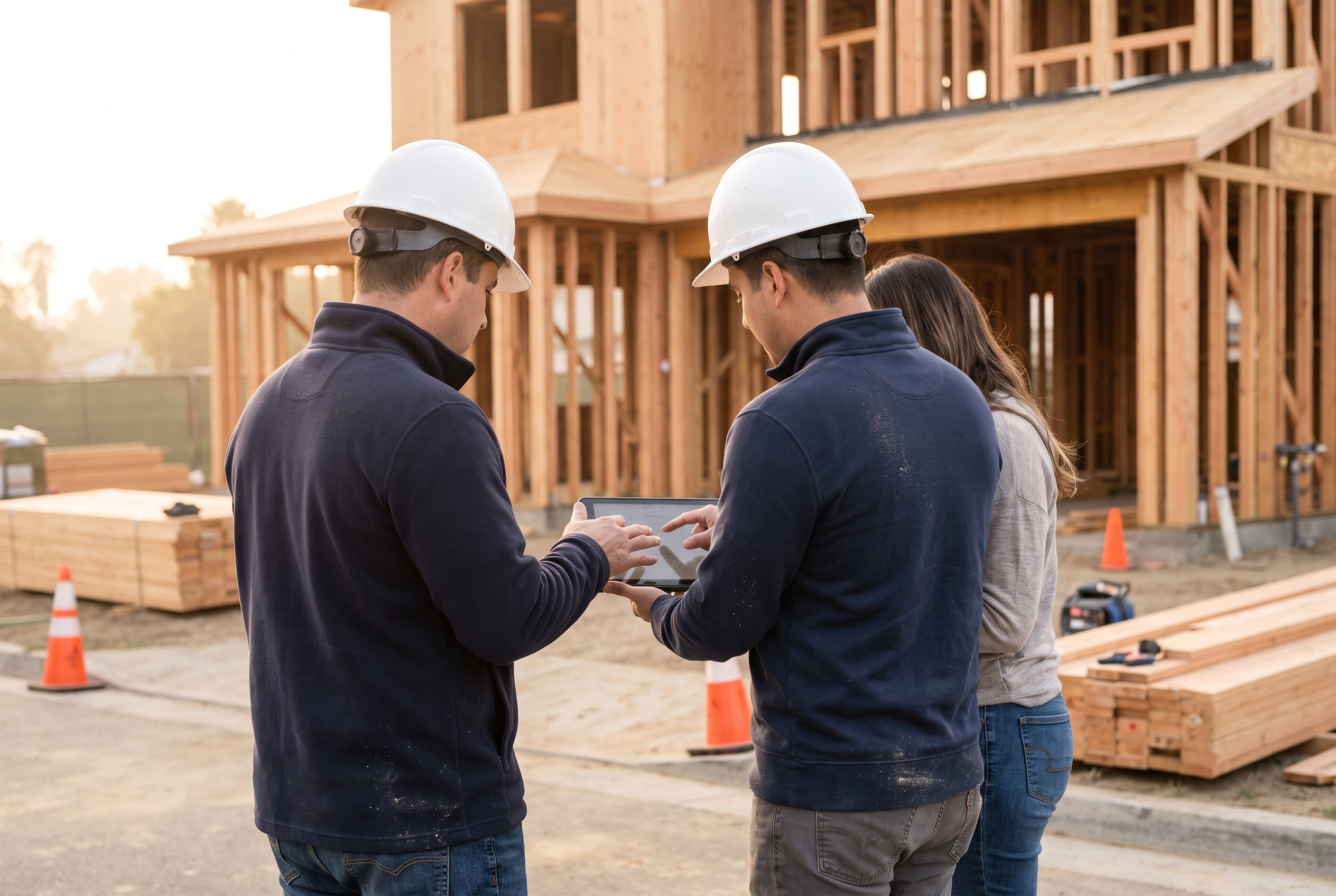 Project manager reviewing plans on site with clients