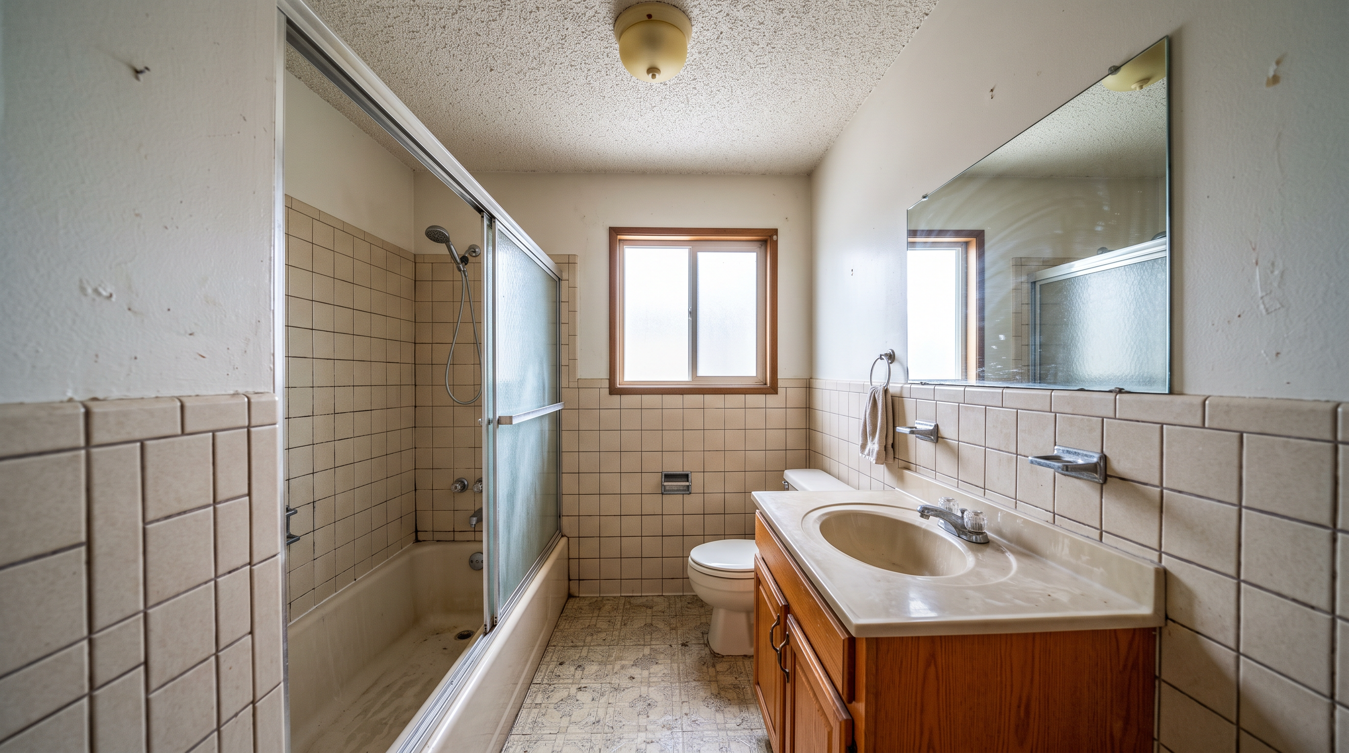 Before: dated 1970s tract bathroom