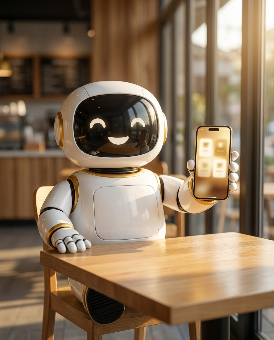 Youshi mascot presenting the digital menu on a phone