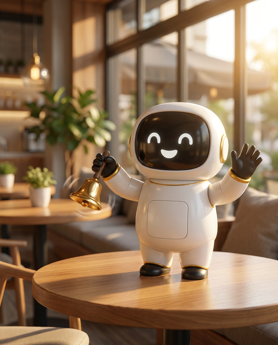 Youshi mascot ringing a bell to call the waiter