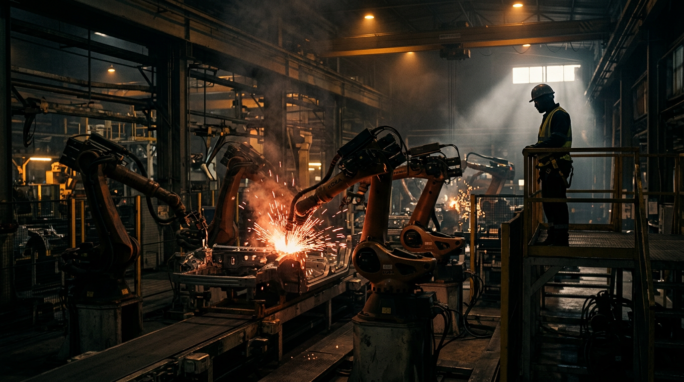 Factory Showreel — robotic arms and sparks on a production line