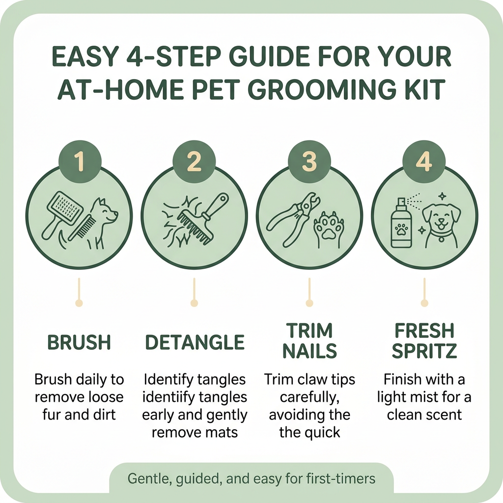 Illustrated four-step guide: brush the coat, work out tangles with the comb, trim nails, then finish with a de-shedding pass