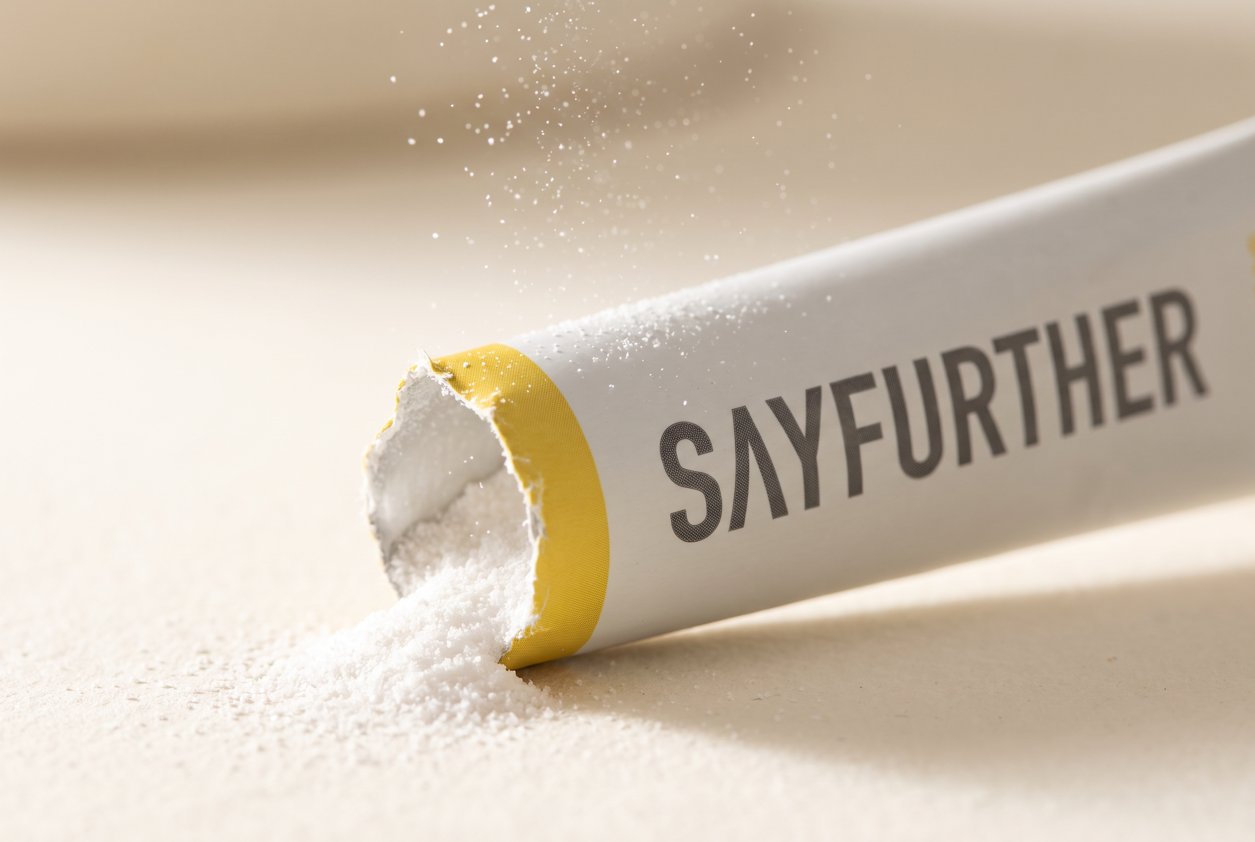 A torn SAYFURTHER stick with fine electrolyte powder pouring out