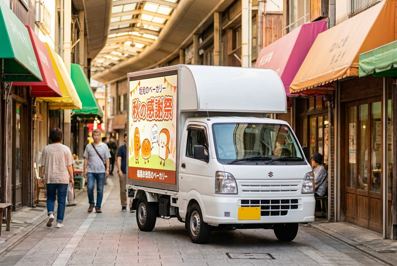 狭い商店街を走る軽アドトラック