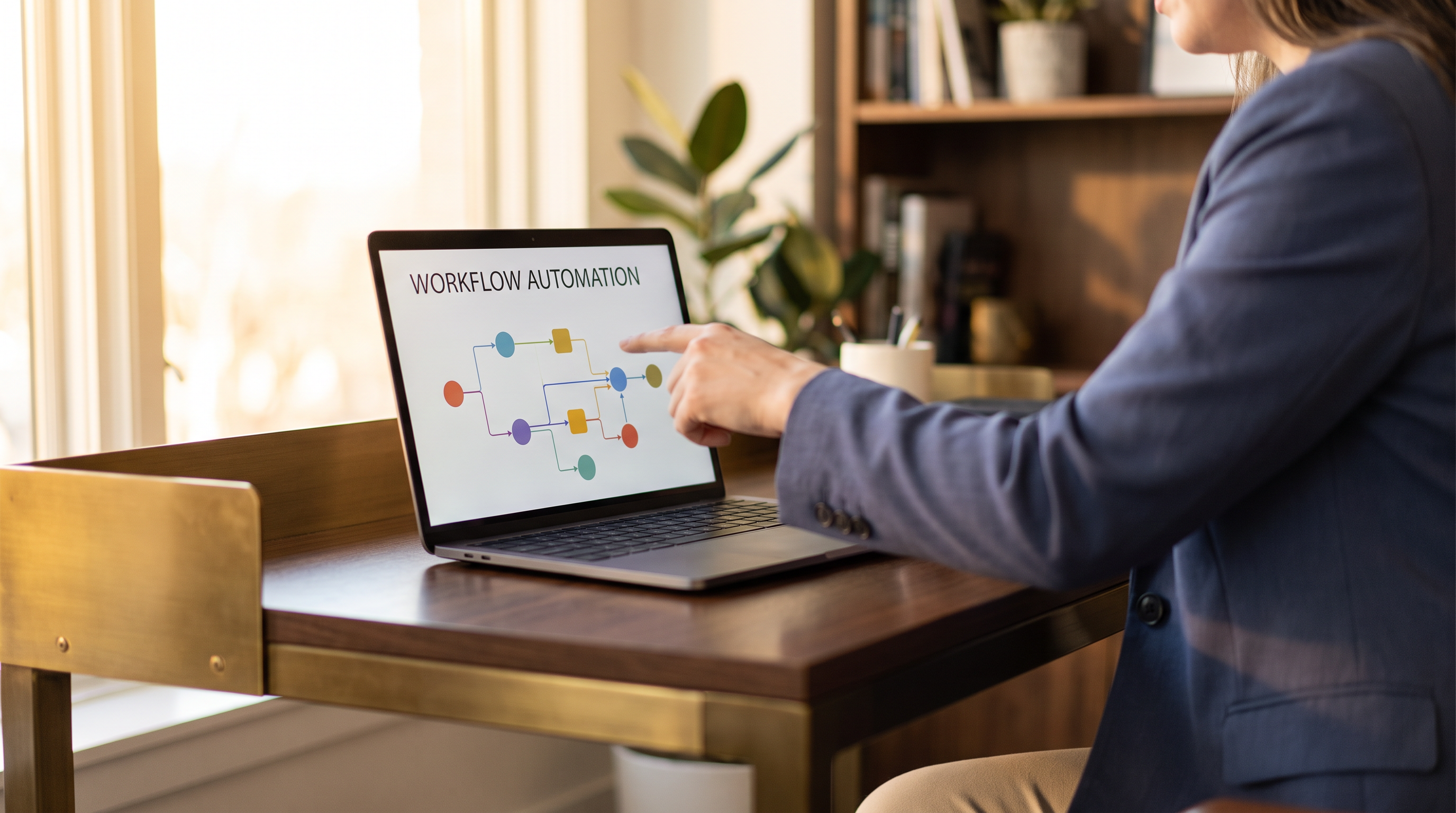 AI automation consultant analyzing business process data on laptop