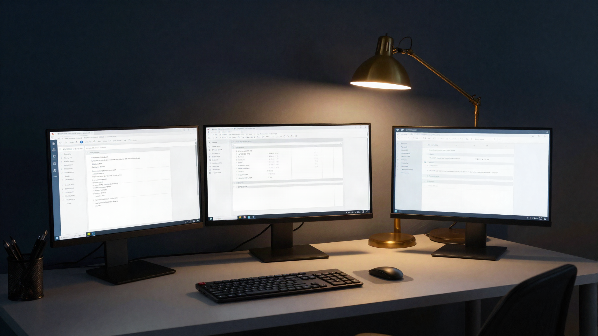 Consultant's desk with monitors displaying automated workflow dashboards