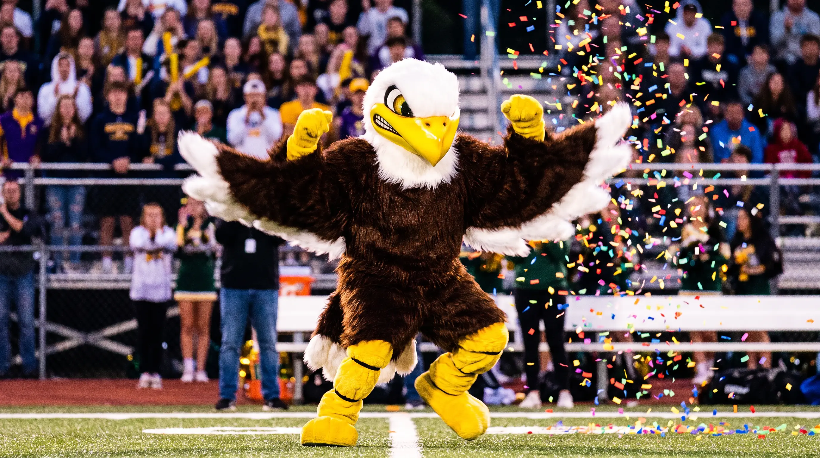 Bald eagle mascot costume hyping a school football crowd - eagles are the most common school mascot in America