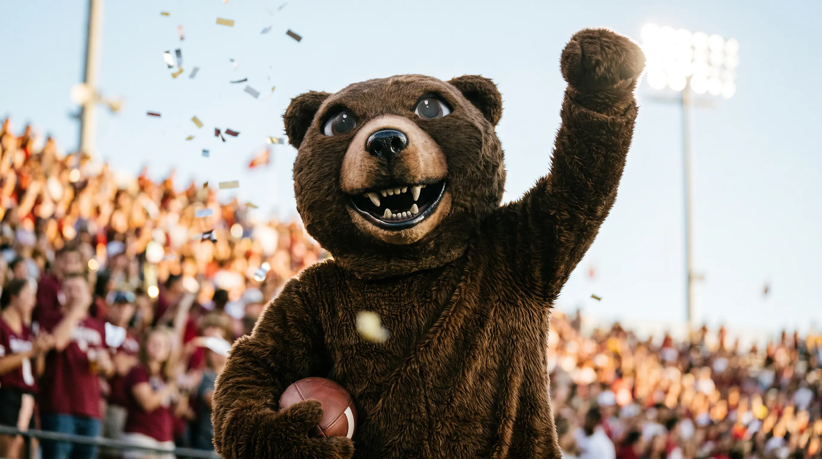 Grizzly bear mascot costume celebrating at a school football game - the most popular school mascot