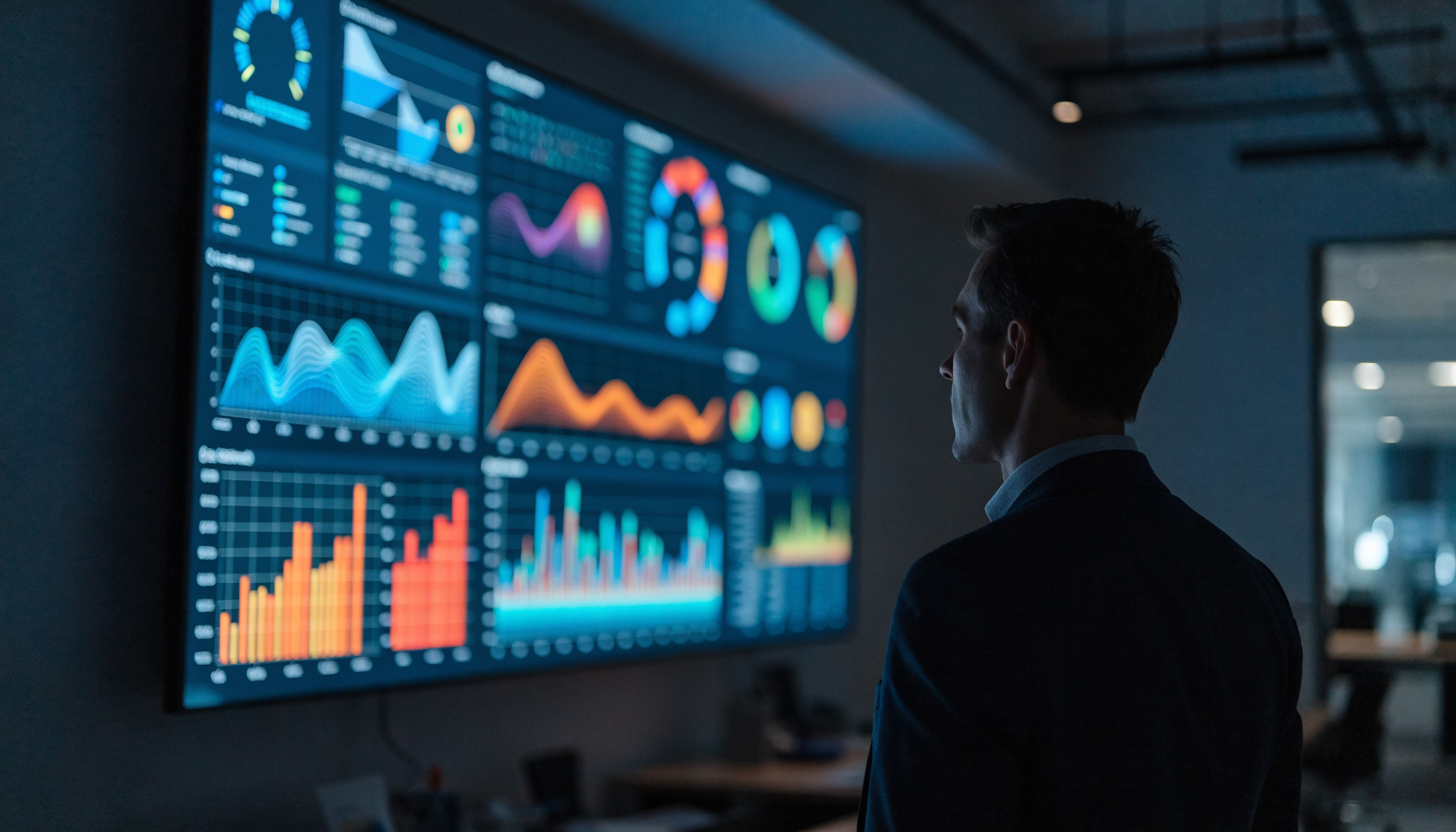 Manager bekijkt een groot BI-dashboard op de muur