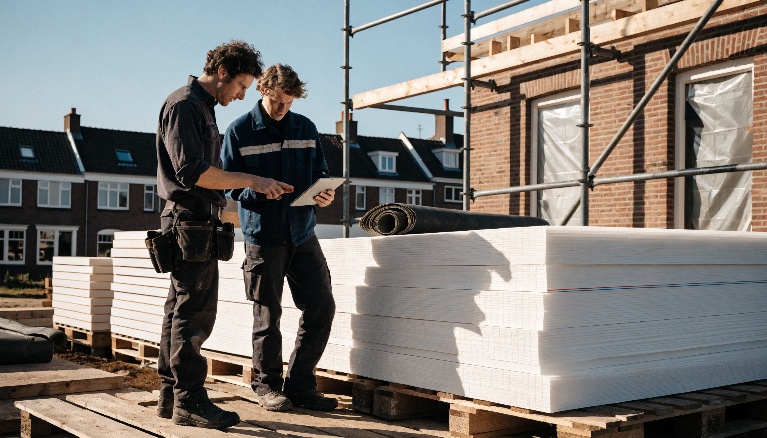 Twee installateurs bekijken een tablet op een bouwlocatie