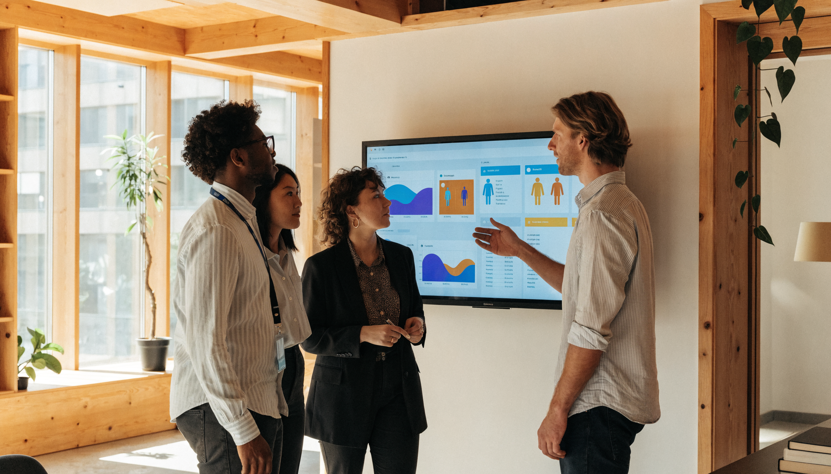 Vier consultants bespreken een dashboard op een groot scherm