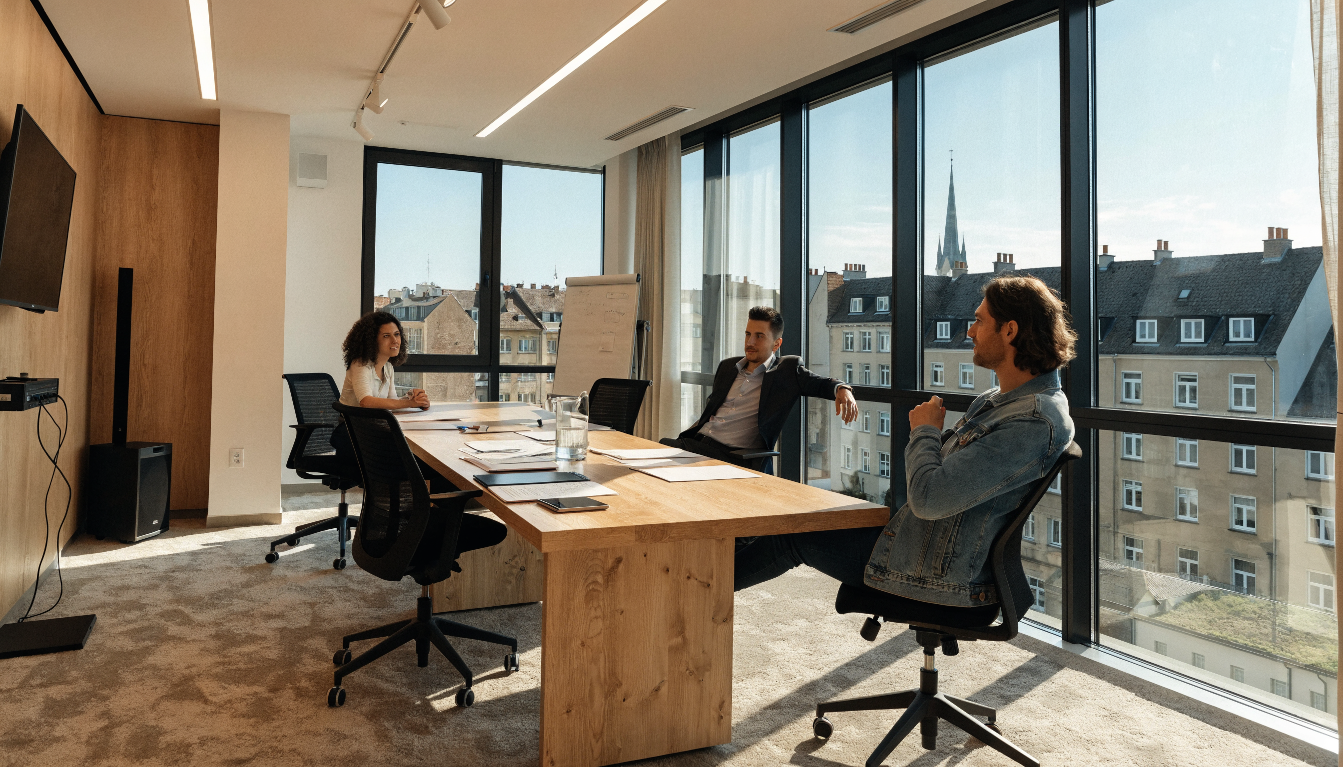 Lichte boardroom met stadsuitzicht voor directie-overleg