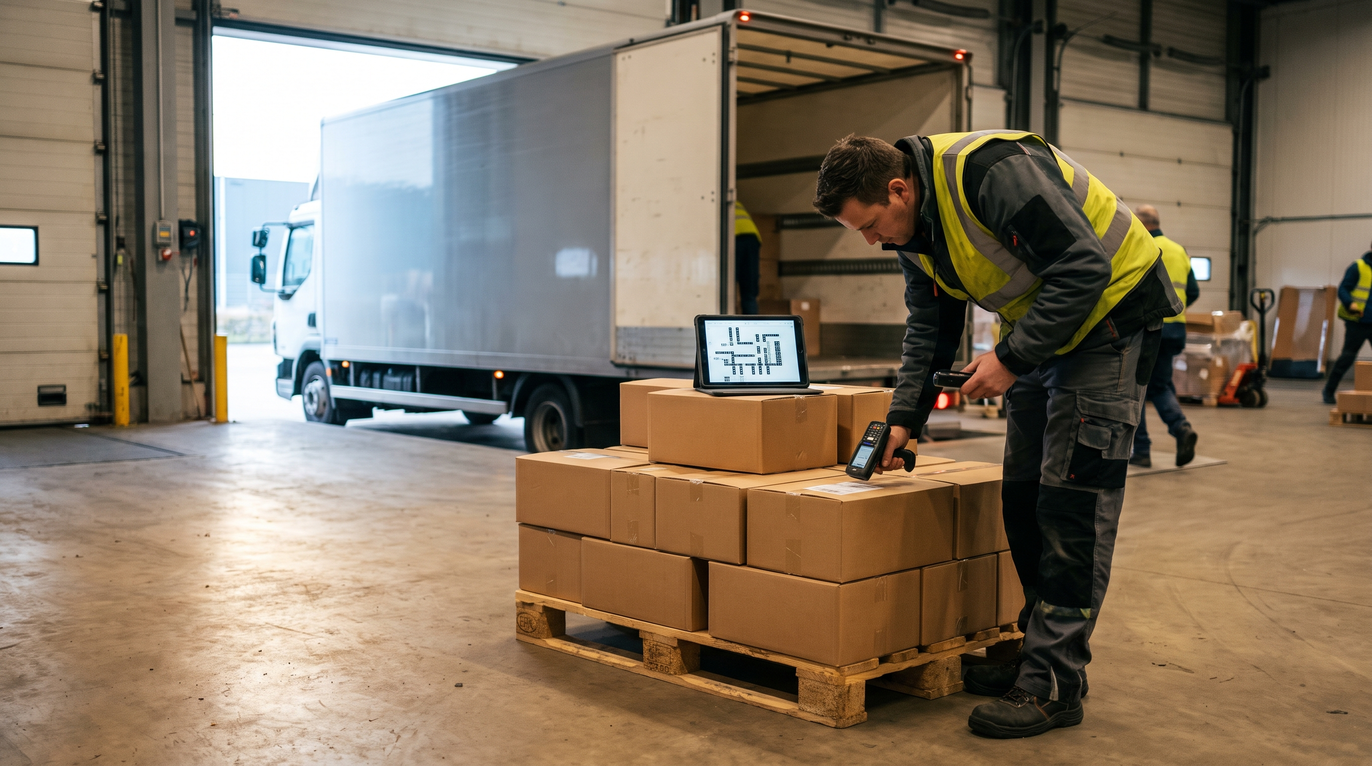 Laaddock met scanner en vrachtwagen bij een groothandel