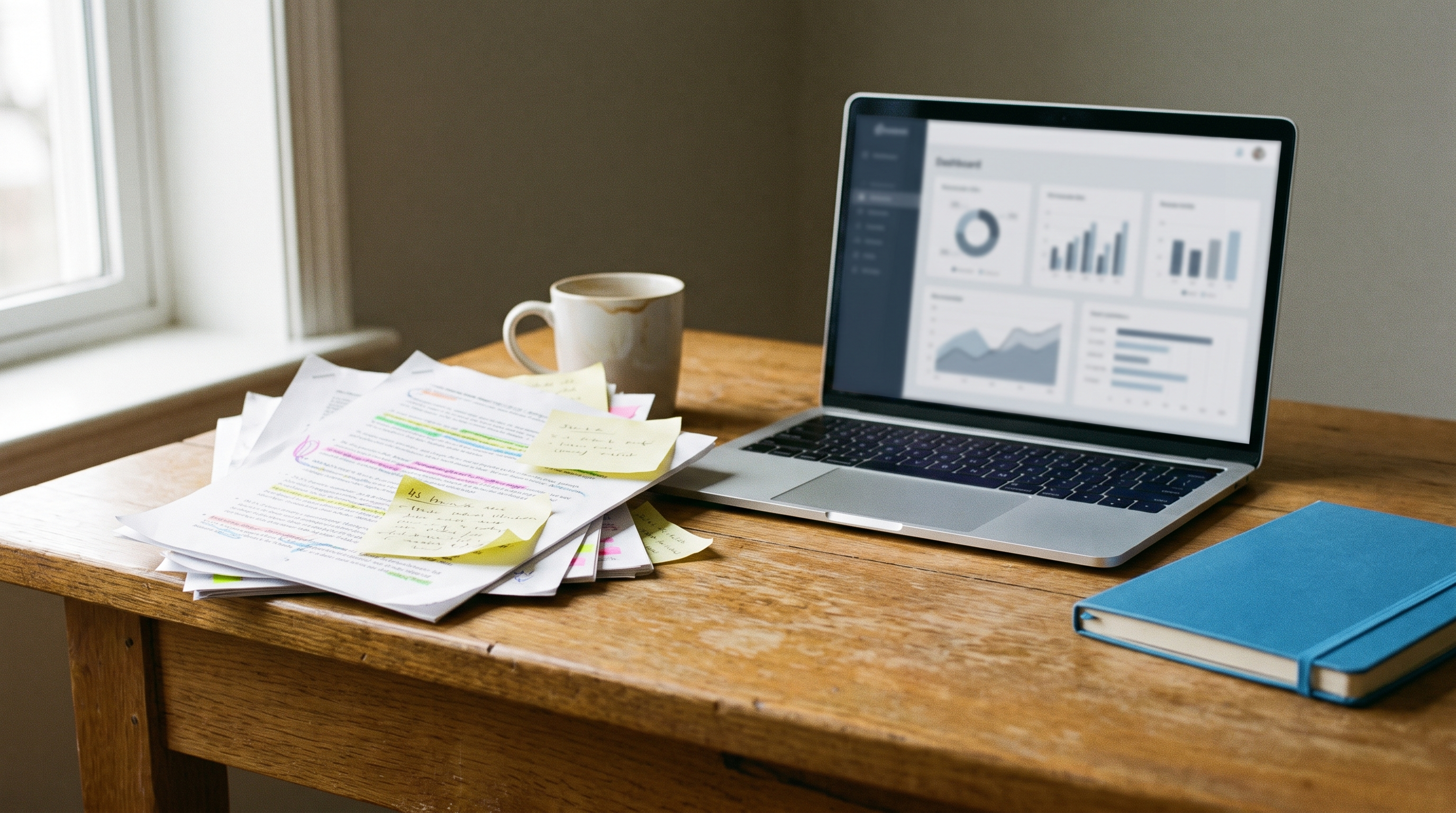 Stapel spreadsheets naast een laptop met een overzichtelijk dashboard