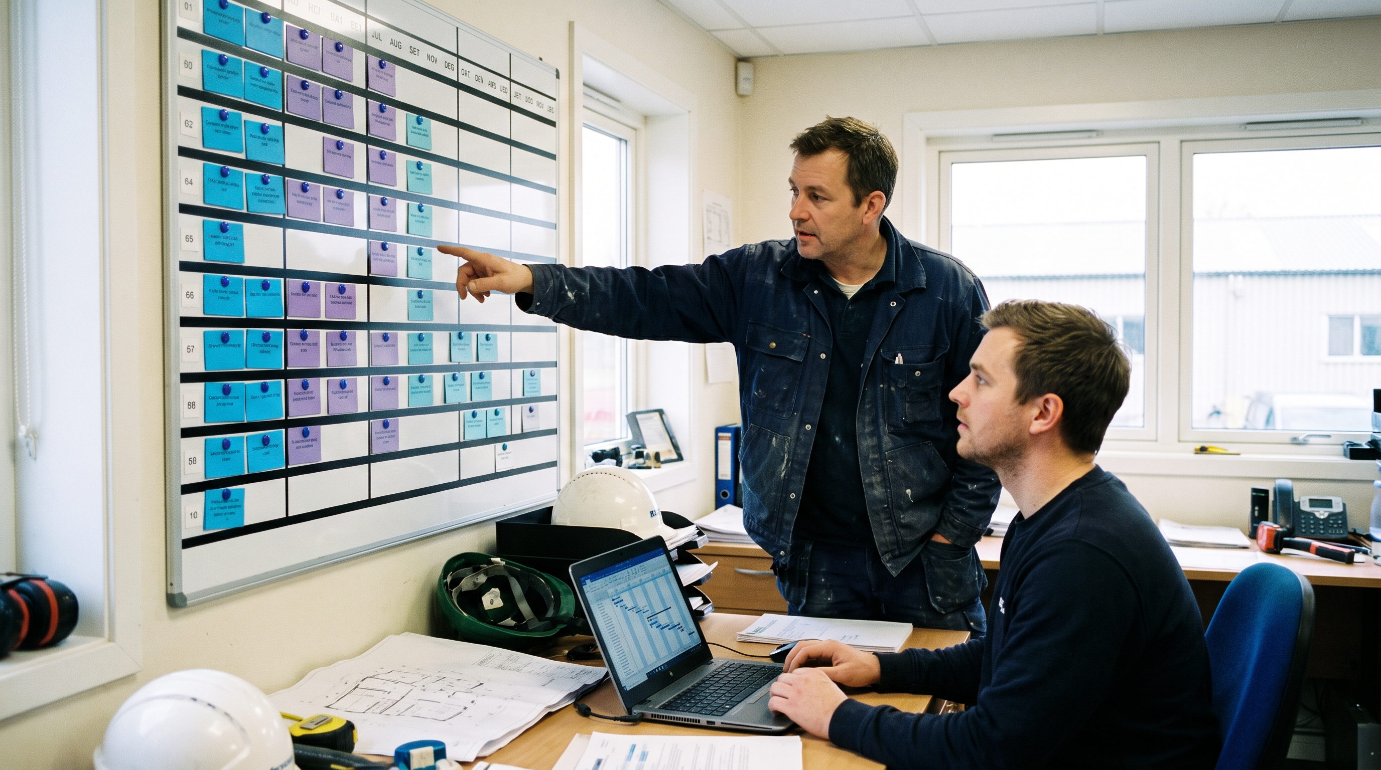 Projectleider en planner bij een planbord in een installatiebedrijf