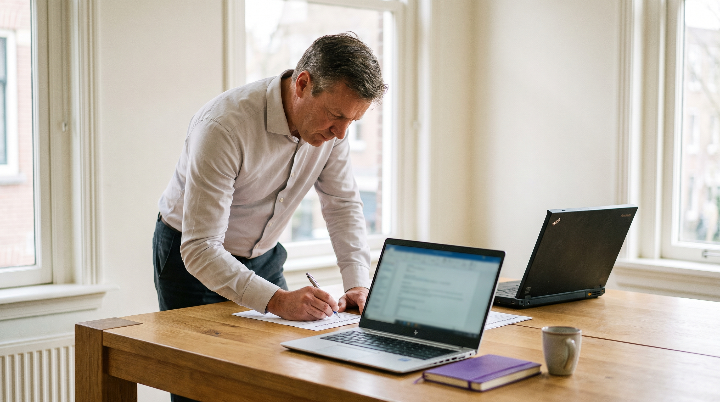 IT-manager loopt een migratiechecklist door naast een laptop