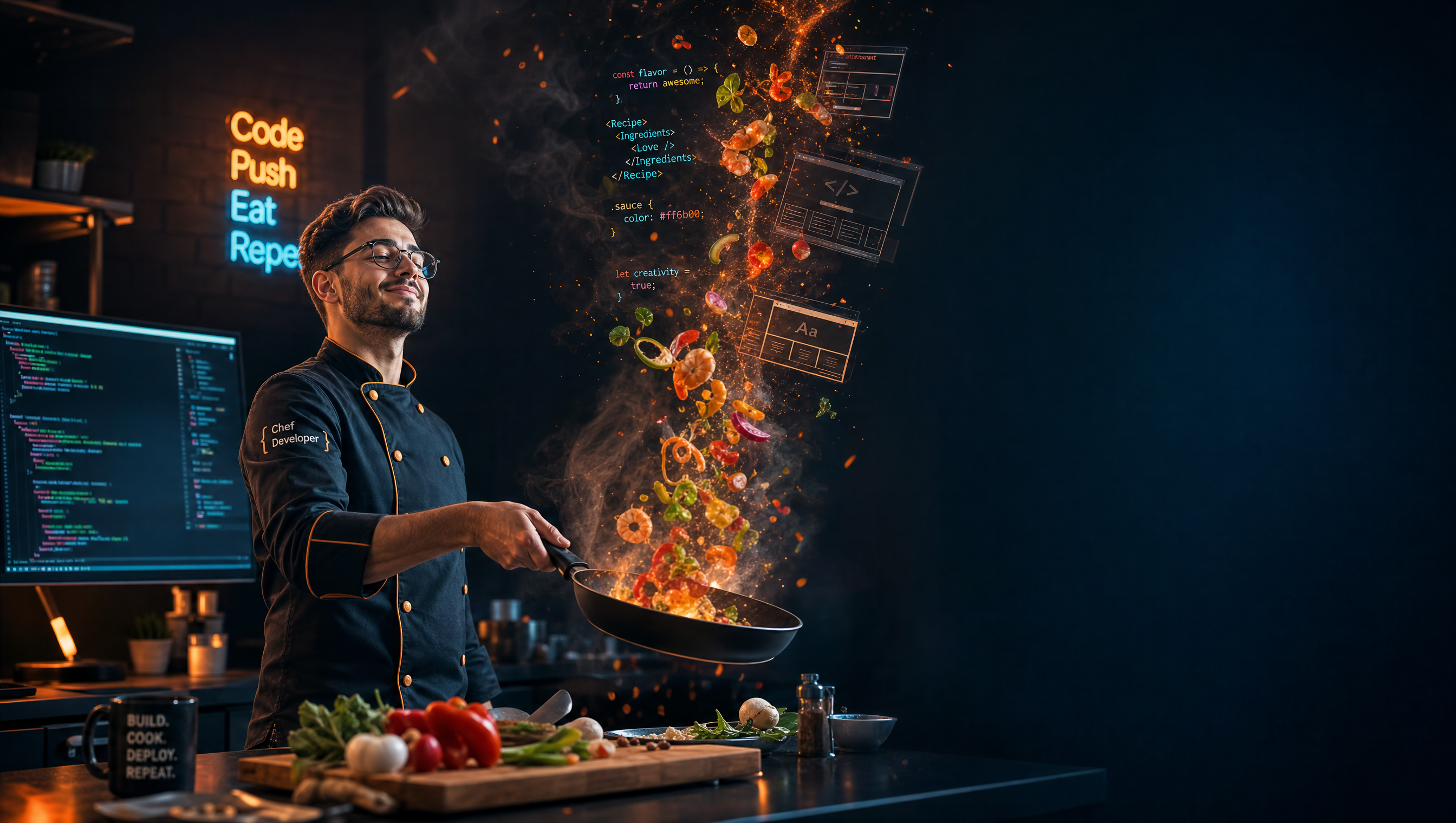 Developer chef cooking up code in a skillet