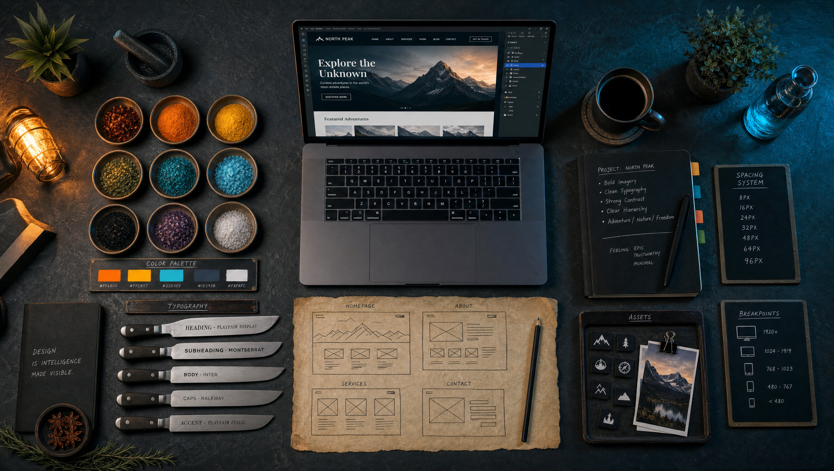 Every ingredient prepped: palettes, type, wireframes