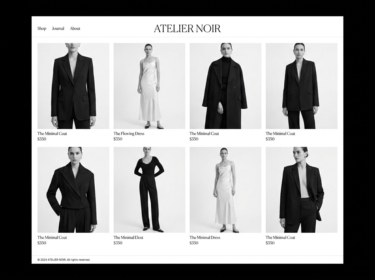 Stilbeispiel: minimalistische Fashion Onlineshop Website