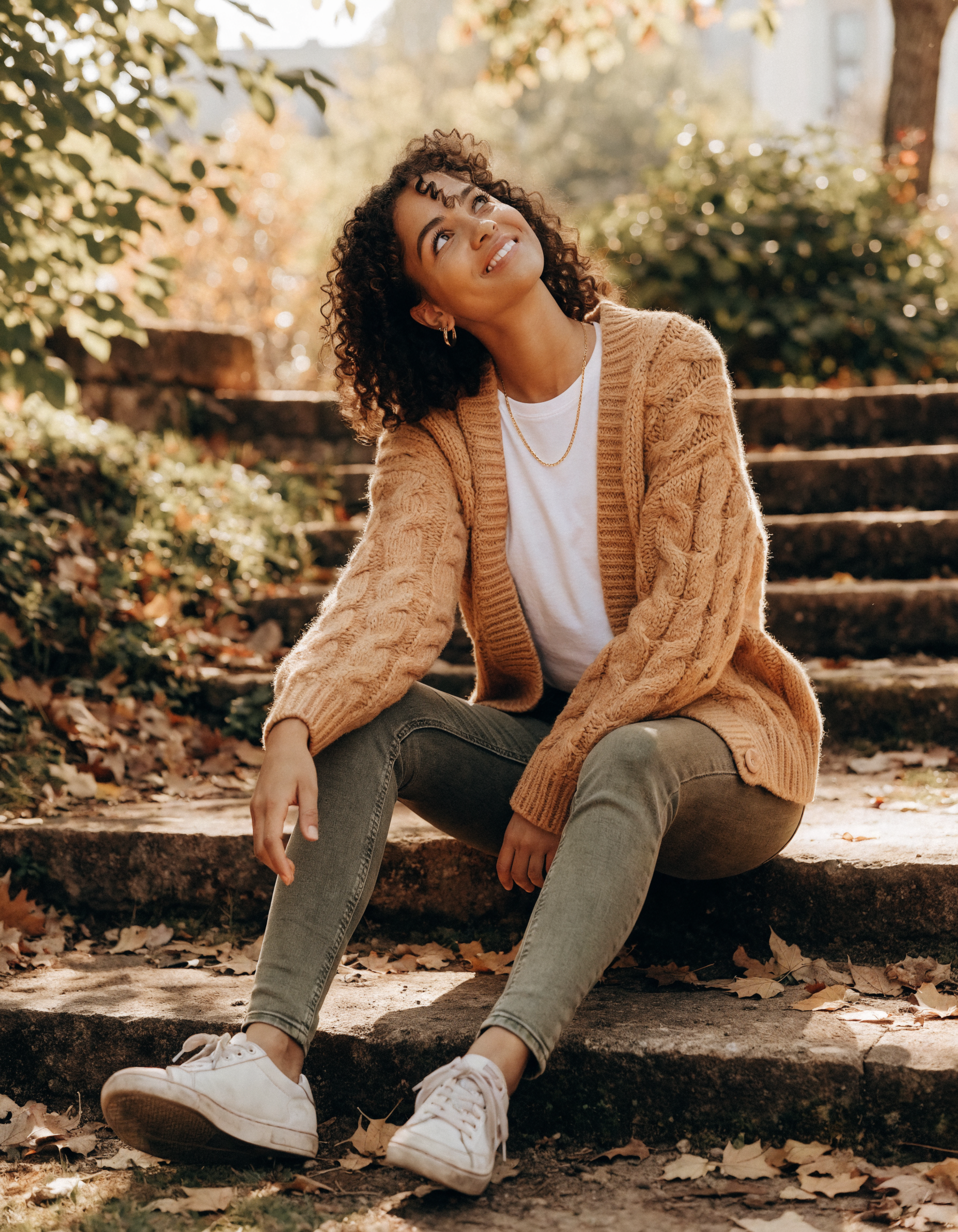 Ketud style: camel cardigan and olive jeans (AI-generated model image)