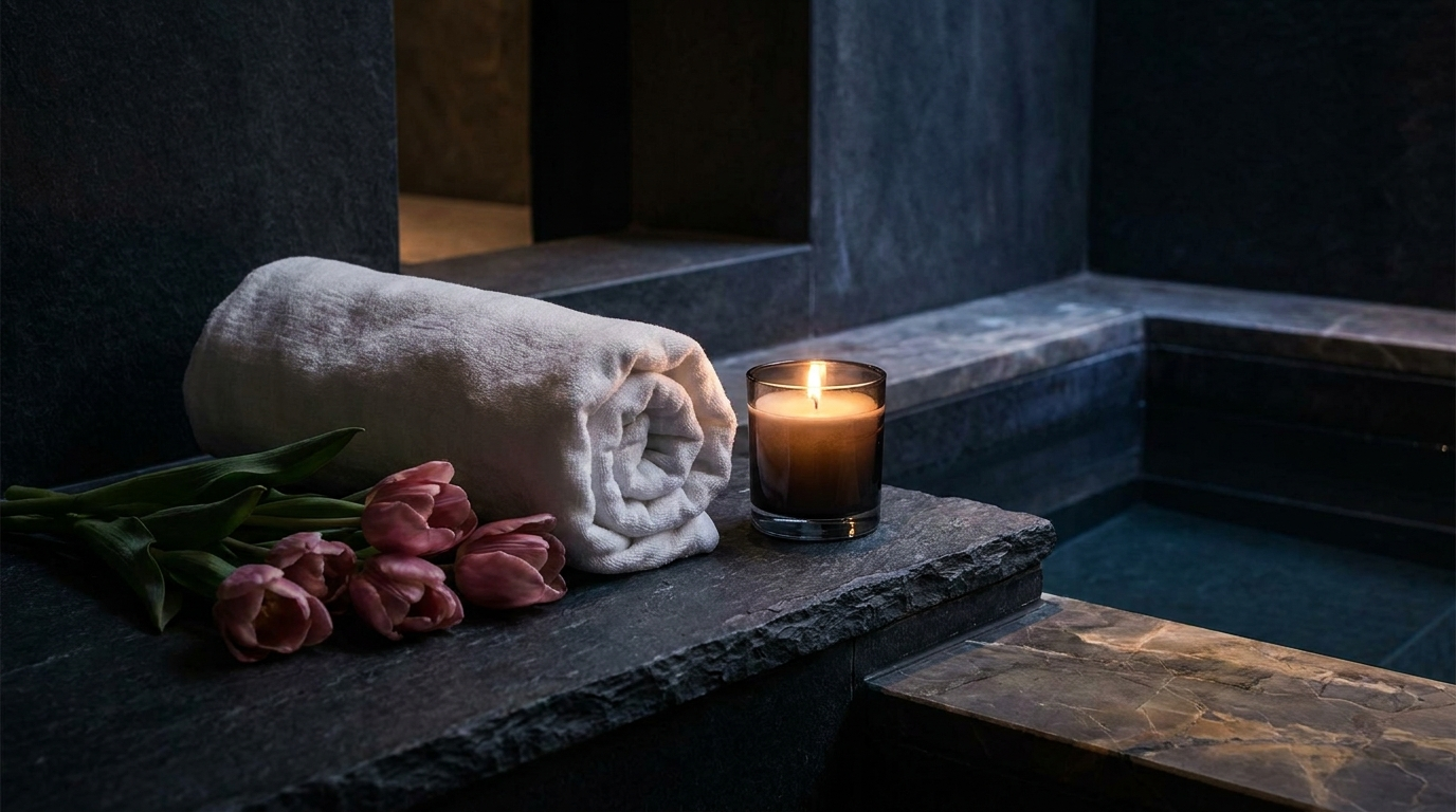 Verano Villas serene spa ambiance with linen towels, candle, and pink tulips