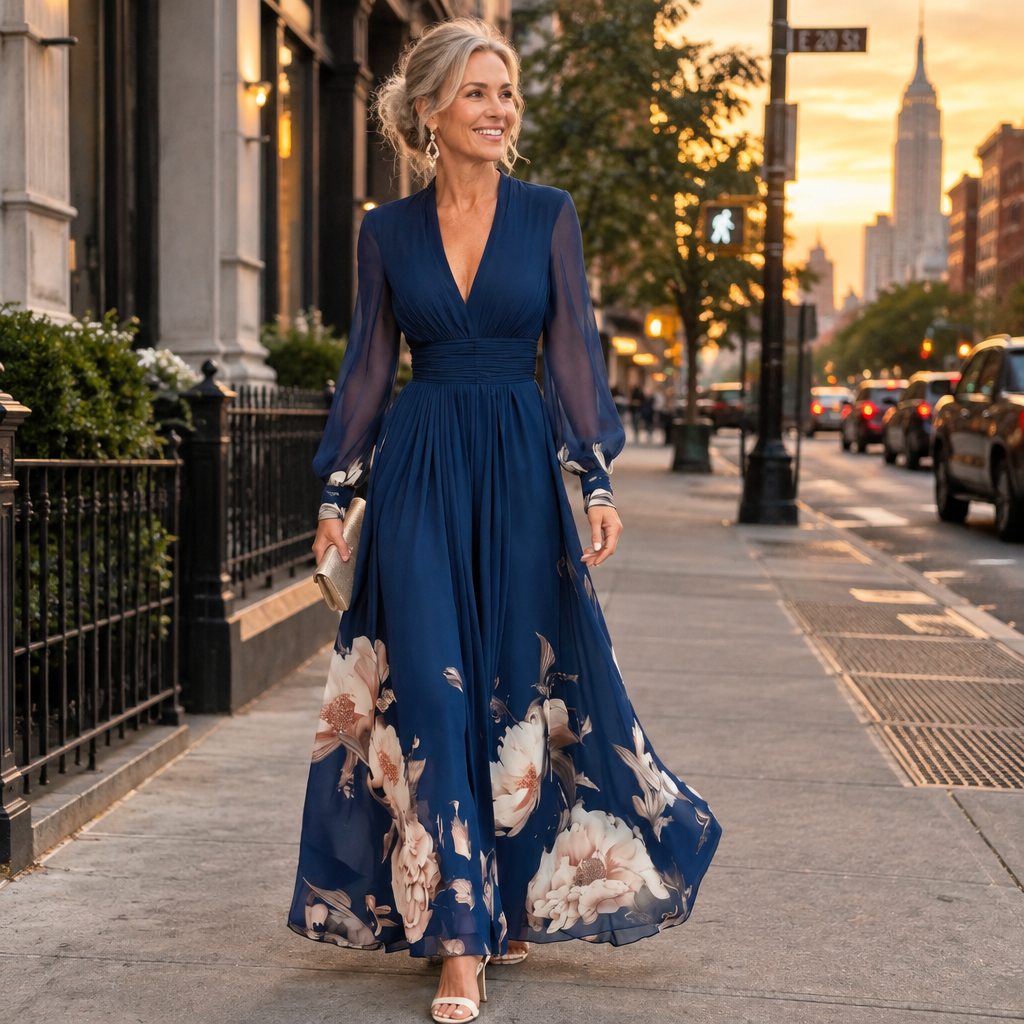 Maude Floral Hem Sheer Sleeve Maxi Dress