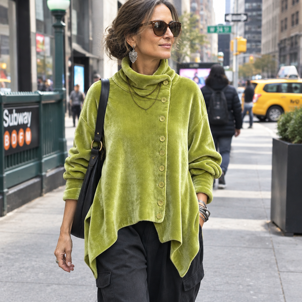 Carol Velvet Asymmetric Turtleneck Top
