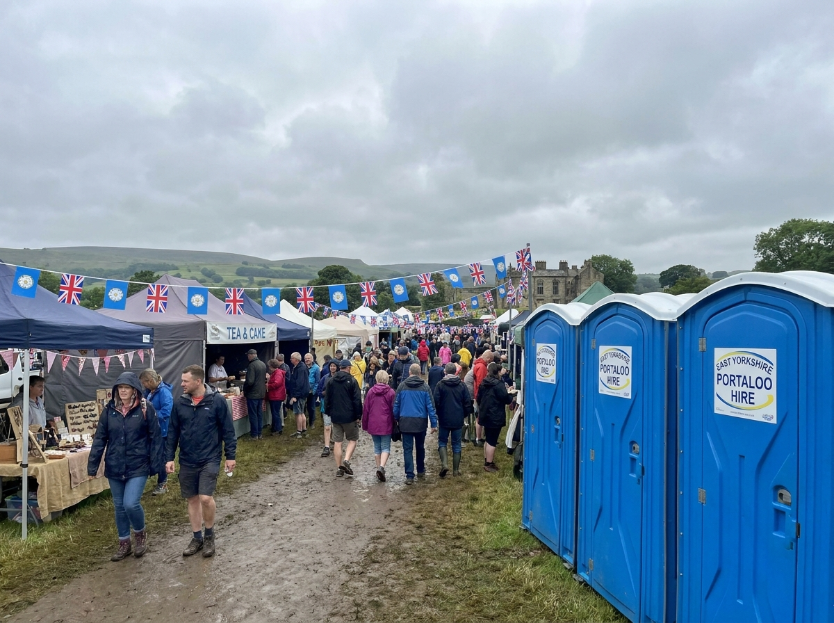 Portable toilet units lined up in a yard, with a unit loaded on a trailer